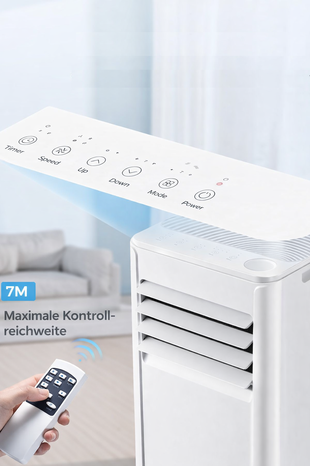 Ein weißer Luftkühler mit Fernbedienung und Touch-Bedienfeld. "7M Maximale Kontrollreichweite".