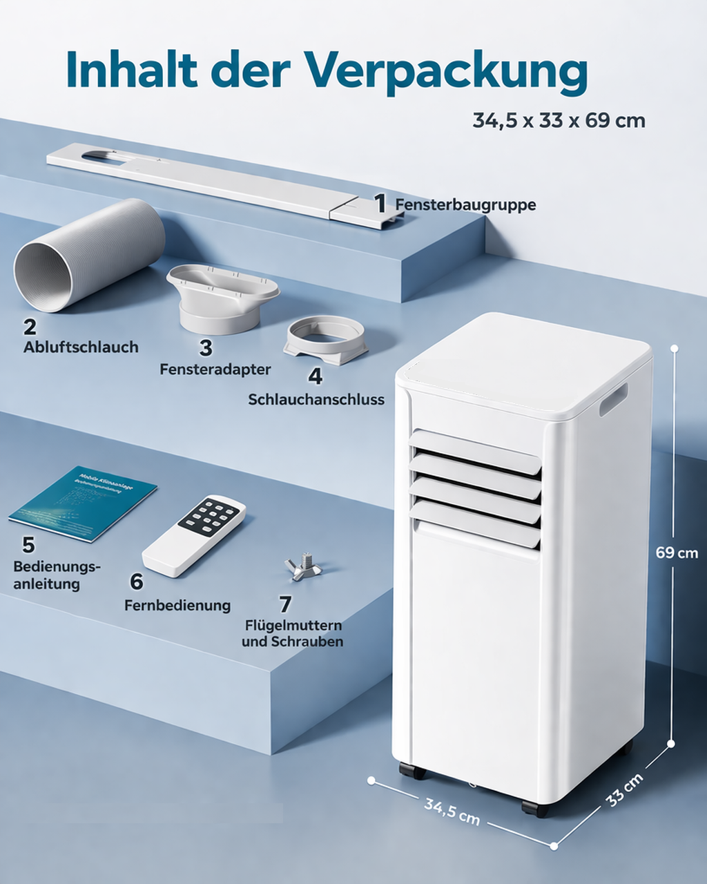 Inhalt einer Verpackung mit Klimaanlage, Schlauch, Adapter, Fernbedienung und Anleitung.