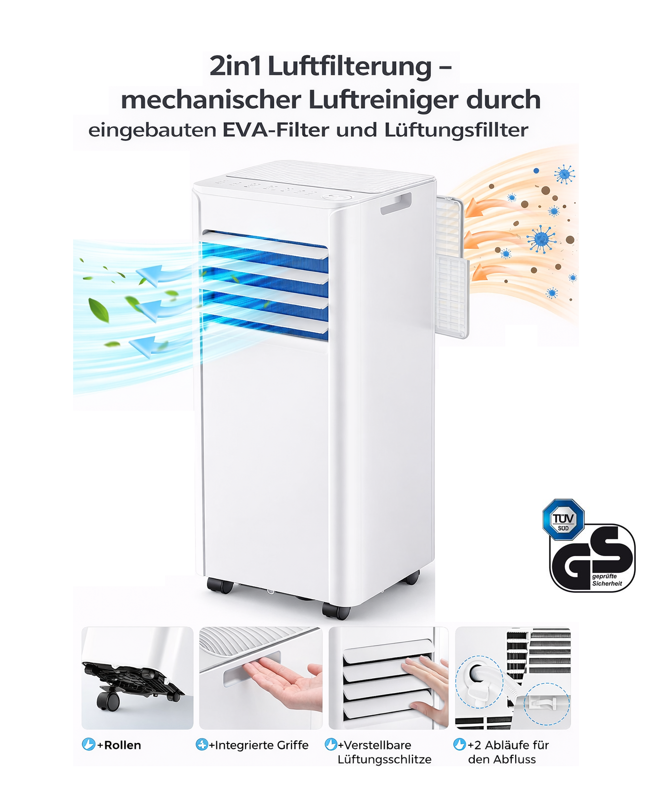 Weißer Luftreiniger mit blauen Filtern, der Luft reinigt und Viren filtert.