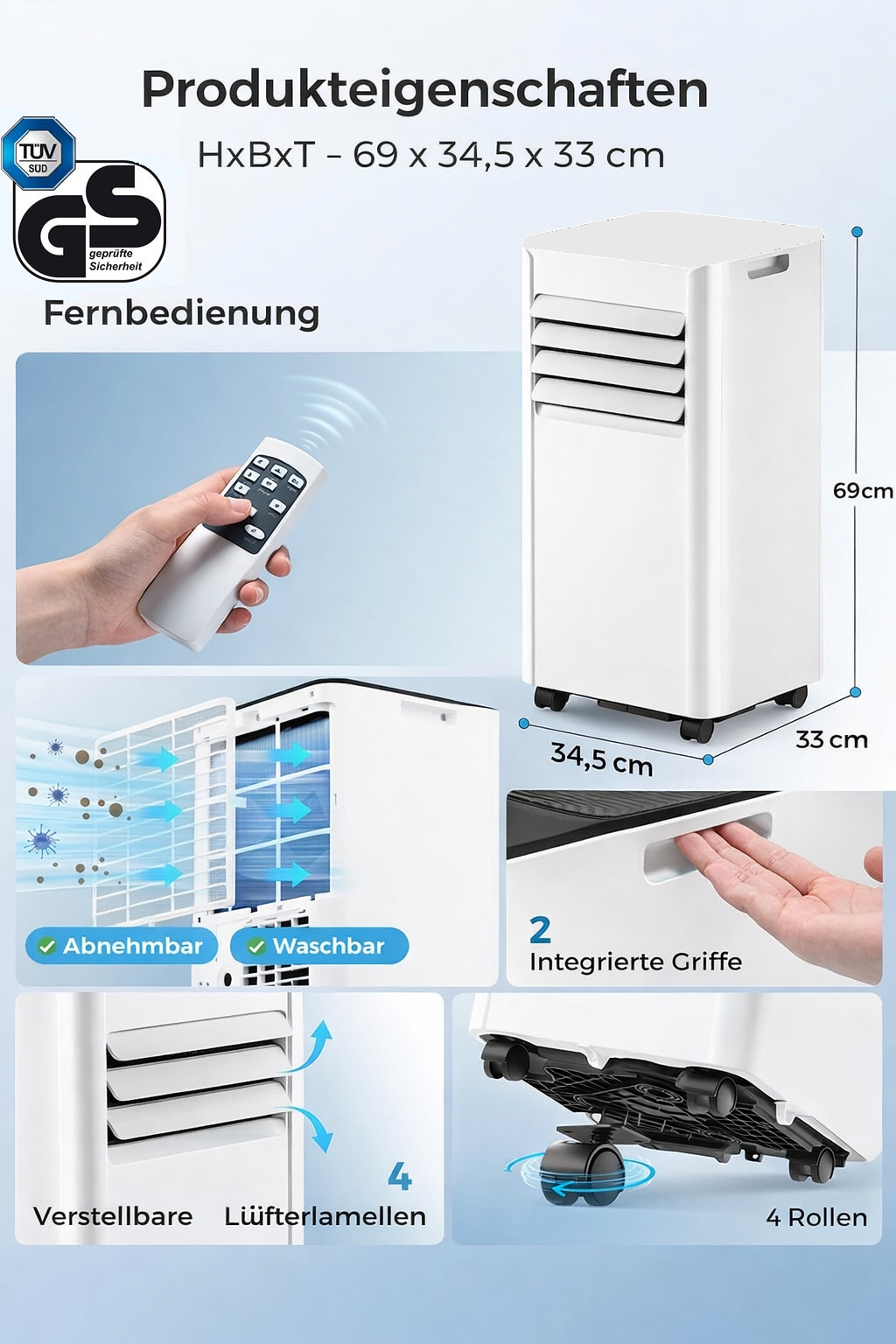 Produktmerkmale eines weißen Klimageräts mit Fernbedienung, abnehmbarem Filter und Rollen.