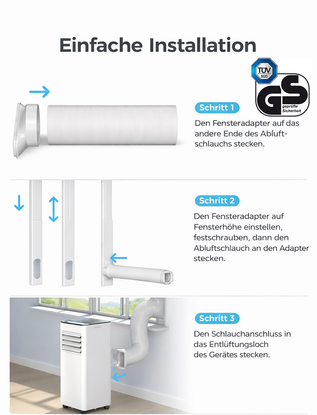 Schrittweise Anleitung zur Installation eines Abluftschlauchs für ein Klimagerät.