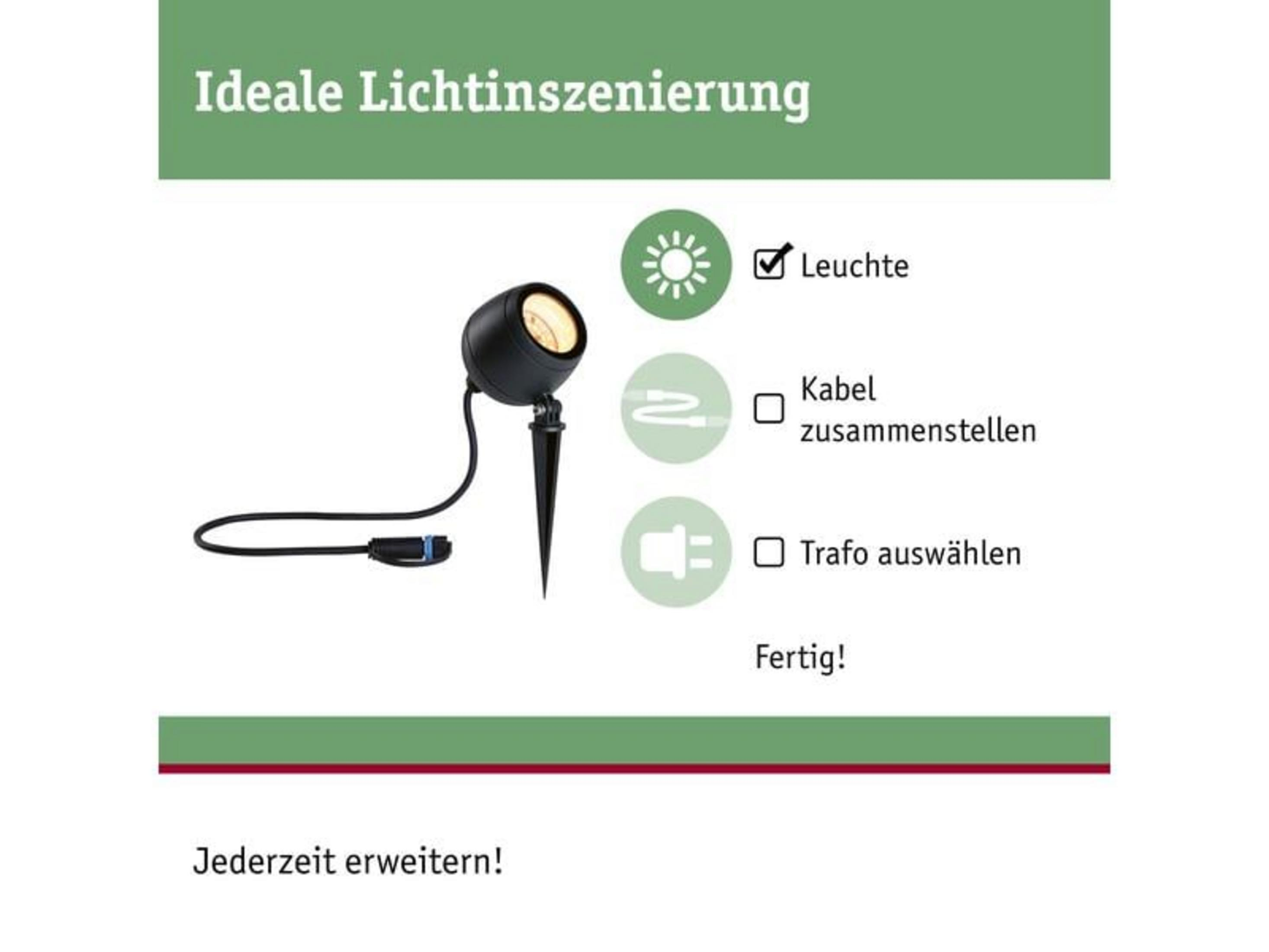 Ein schwarzer Außenstrahler mit Erdspieß und Kabel. Daneben sind Symbole für Leuchte, Kabel und Trafo.