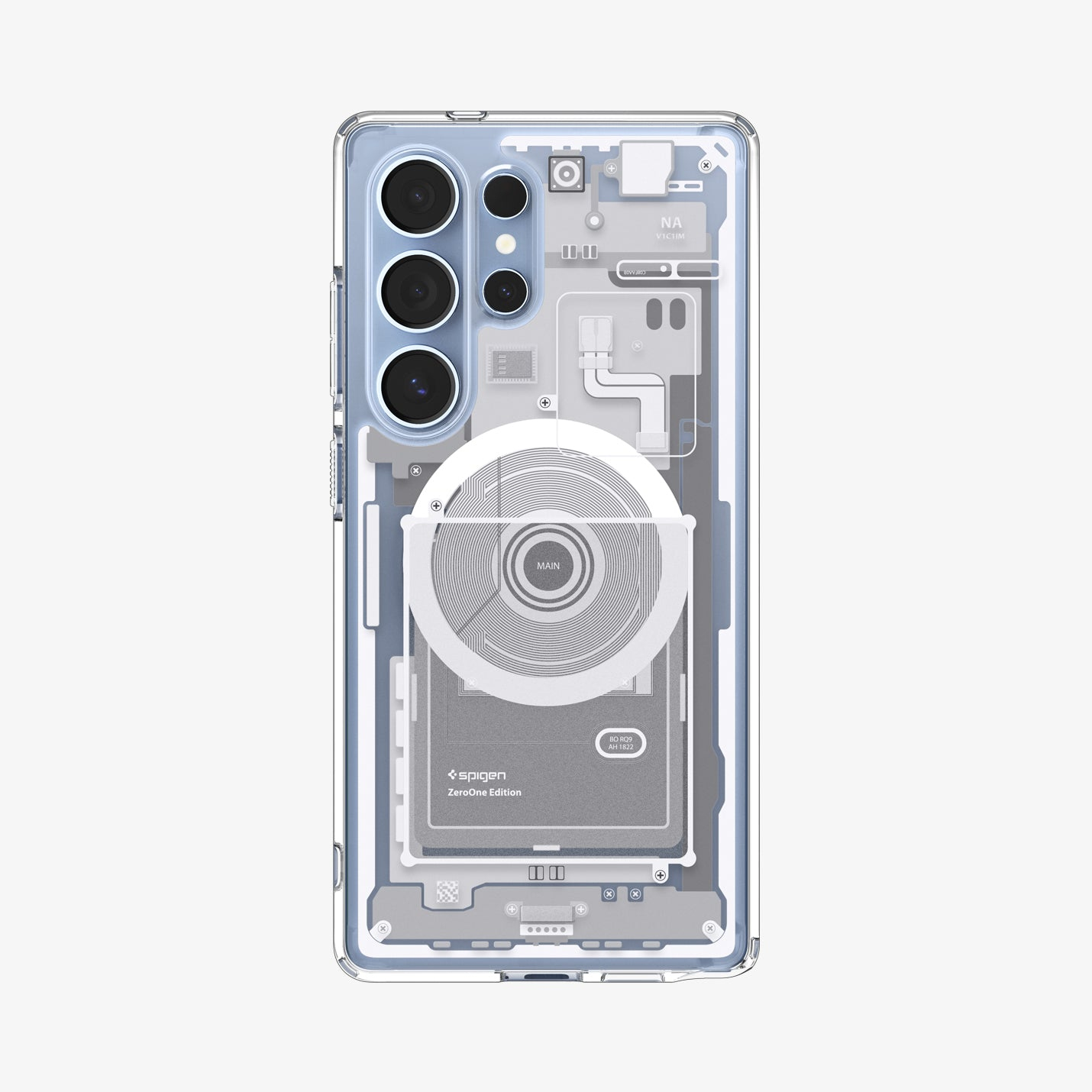 Transparente Hülle mit schematischer Ansicht der Smartphone-Komponenten.
