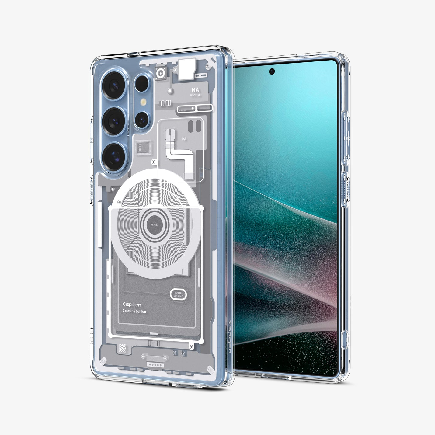 Transparente Handyhülle mit detailliertem Innenleben, neben einem Smartphone.