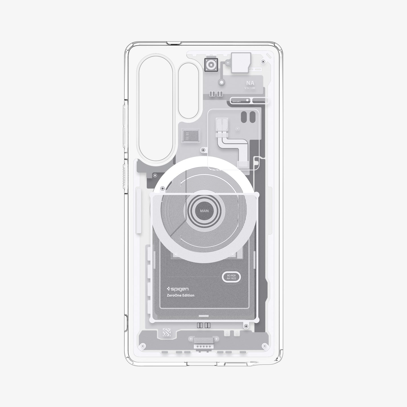 Schnittansicht eines transparenten Smartphones mit internen Komponenten wie Kamera und Spulen.