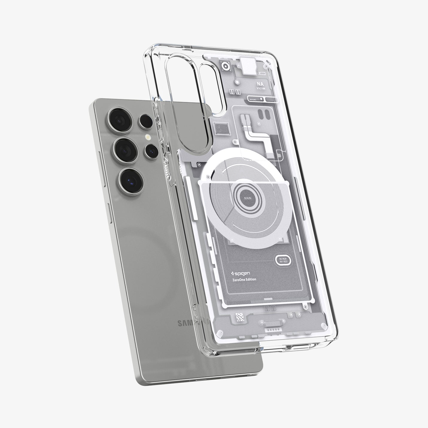 Ein silbernes Smartphone mit transparentem Gehäuse, das das Innenleben zeigt.