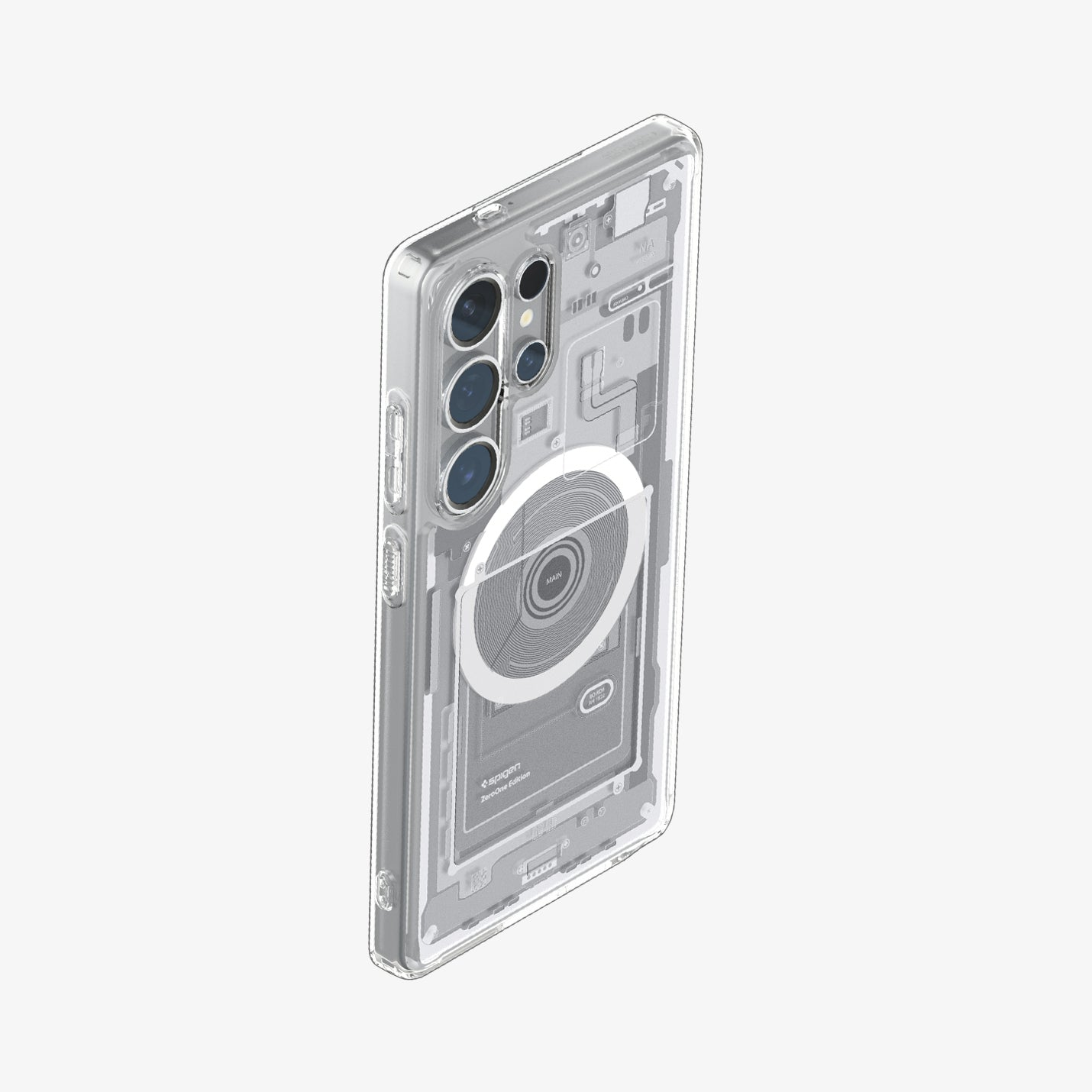 Transparente Handyhülle mit sichtbaren internen Komponenten und Kameraobjektiven.