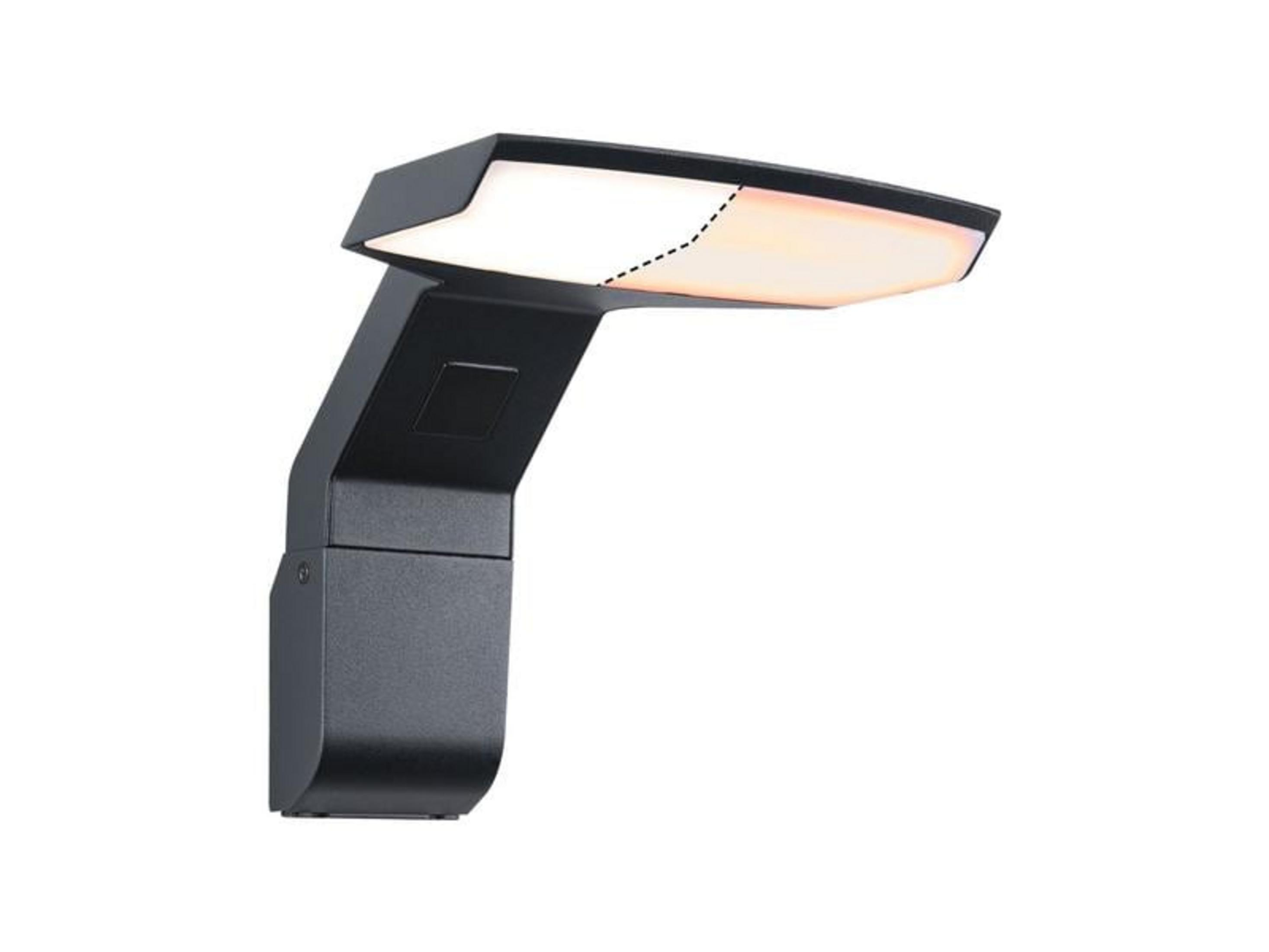 Czarna, nowoczesna lampa ścienna o prostokątnym kształcie, ciepłe białe światło.