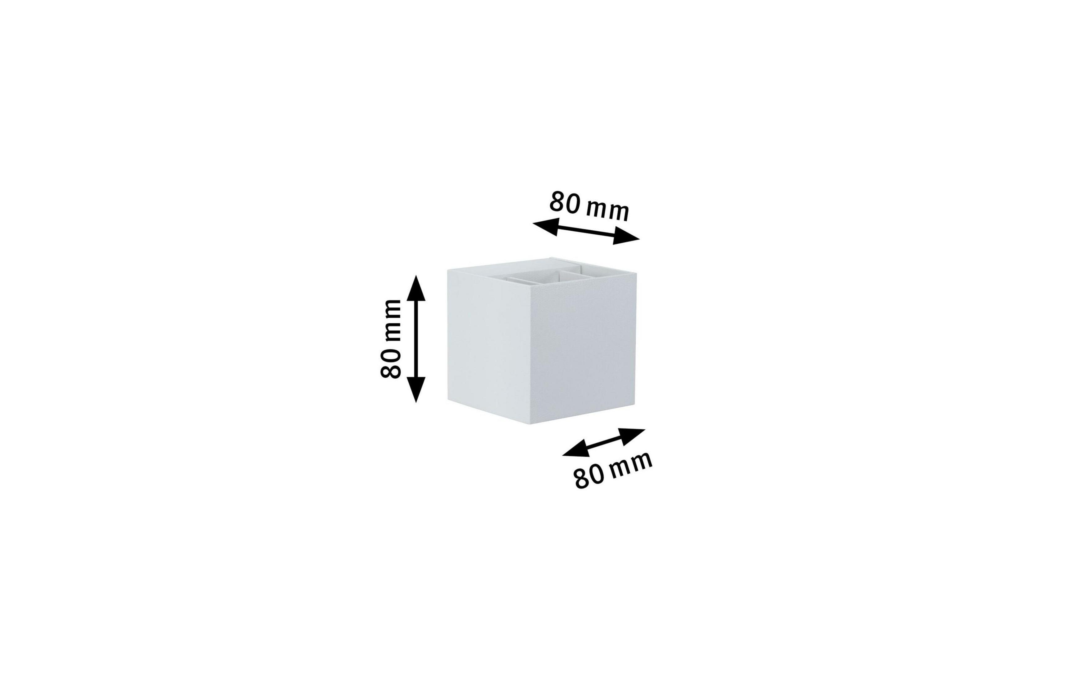 Un cubo bianco di 80 mm, che mostra le dimensioni.