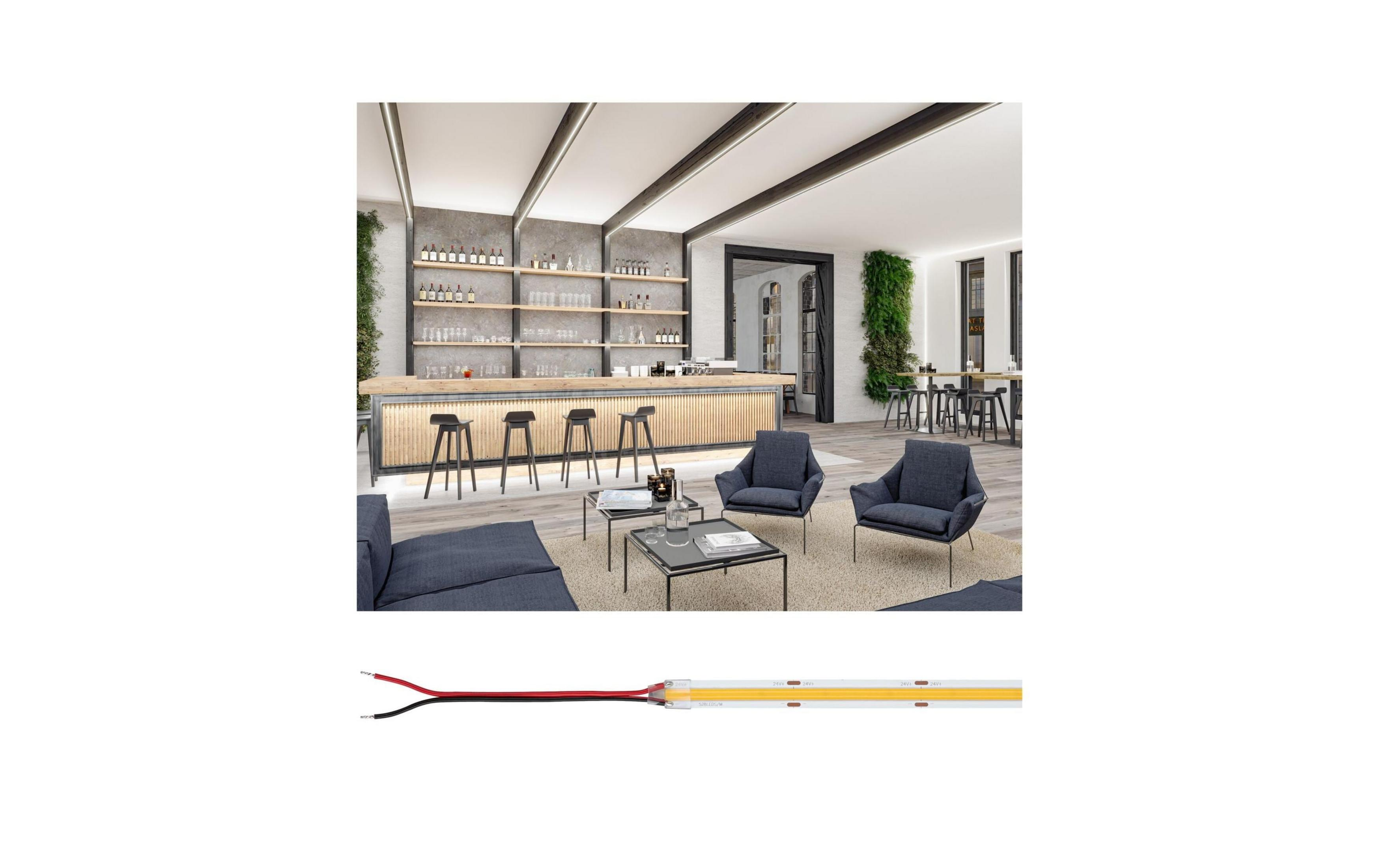 Nowoczesny bar z miejscami siedzącymi, ścianą roślin i oświetleniem.