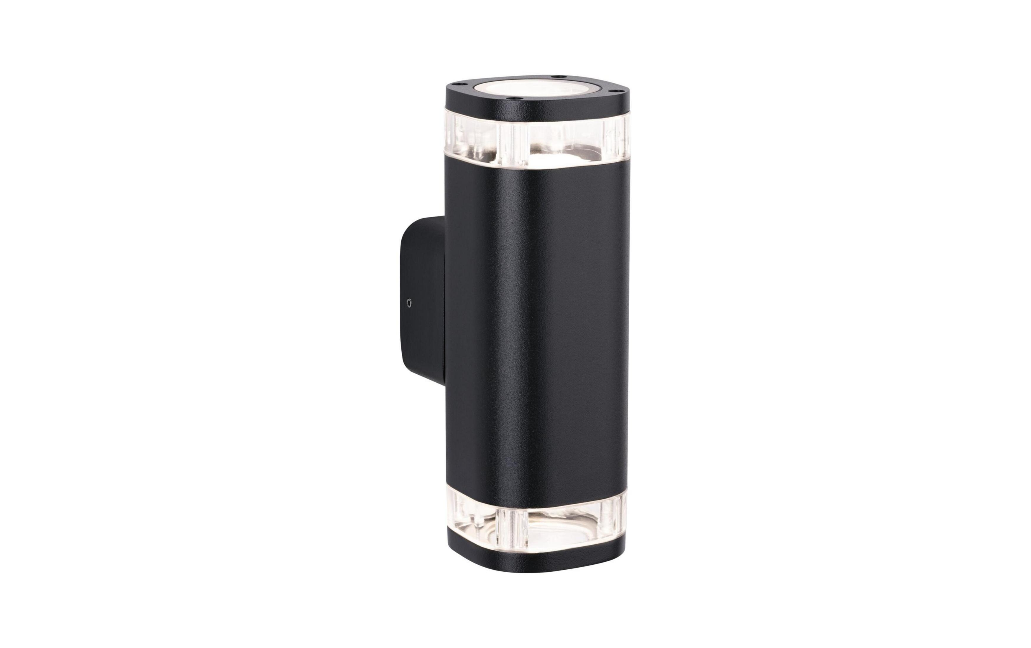 Eine schwarze Wandleuchte mit zwei klaren Glaszylindern.