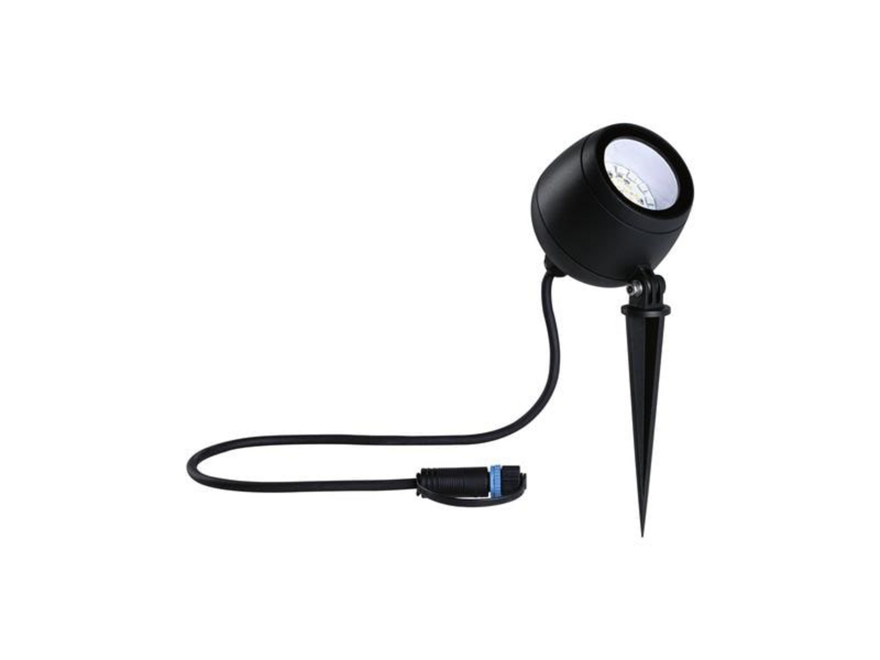 Czarny reflektor ogrodowy LED z szpikulcem i kablem.