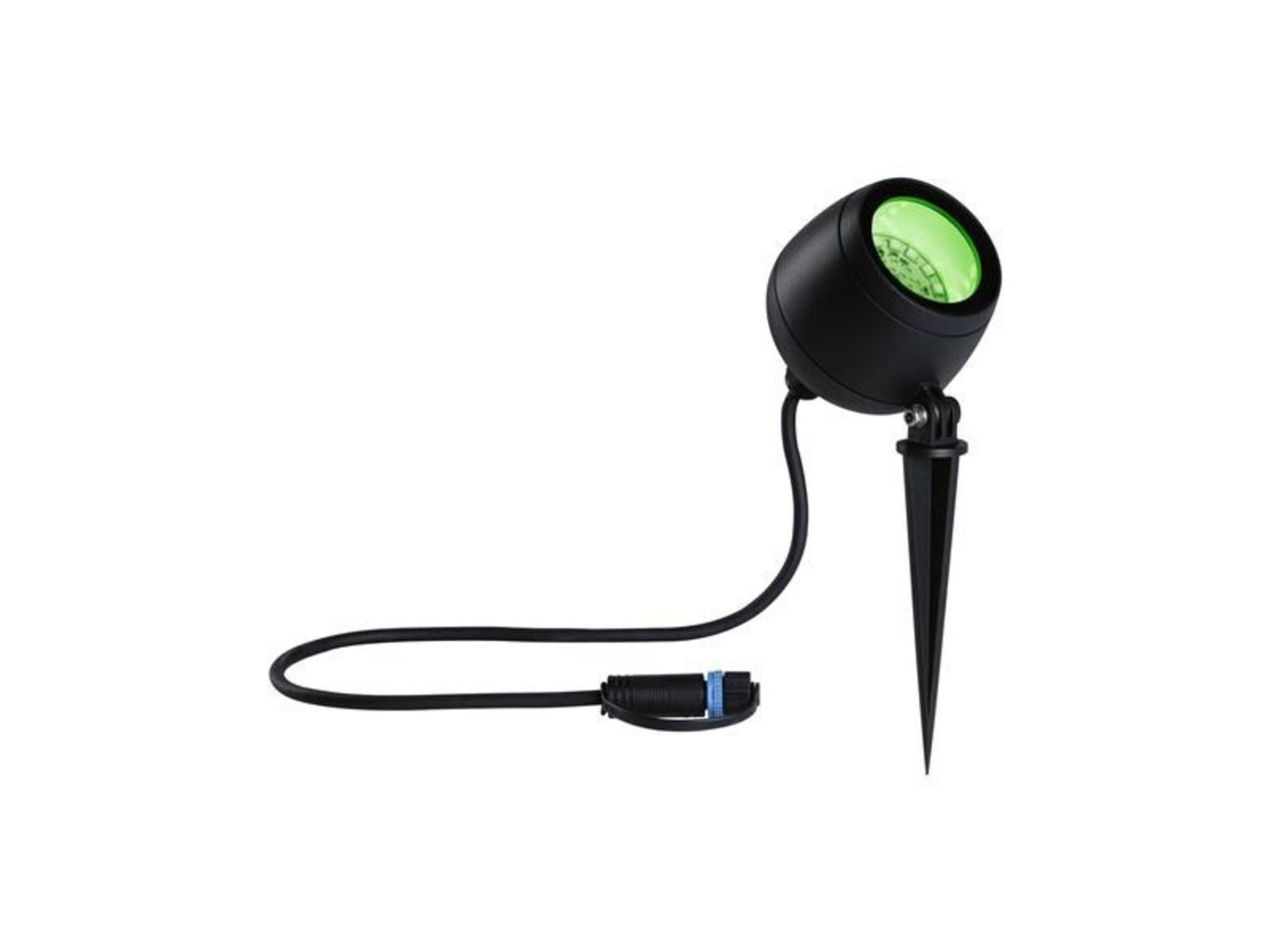 Czarny reflektor zewnętrzny z zielonym światłem, szpikulcem i kablem.