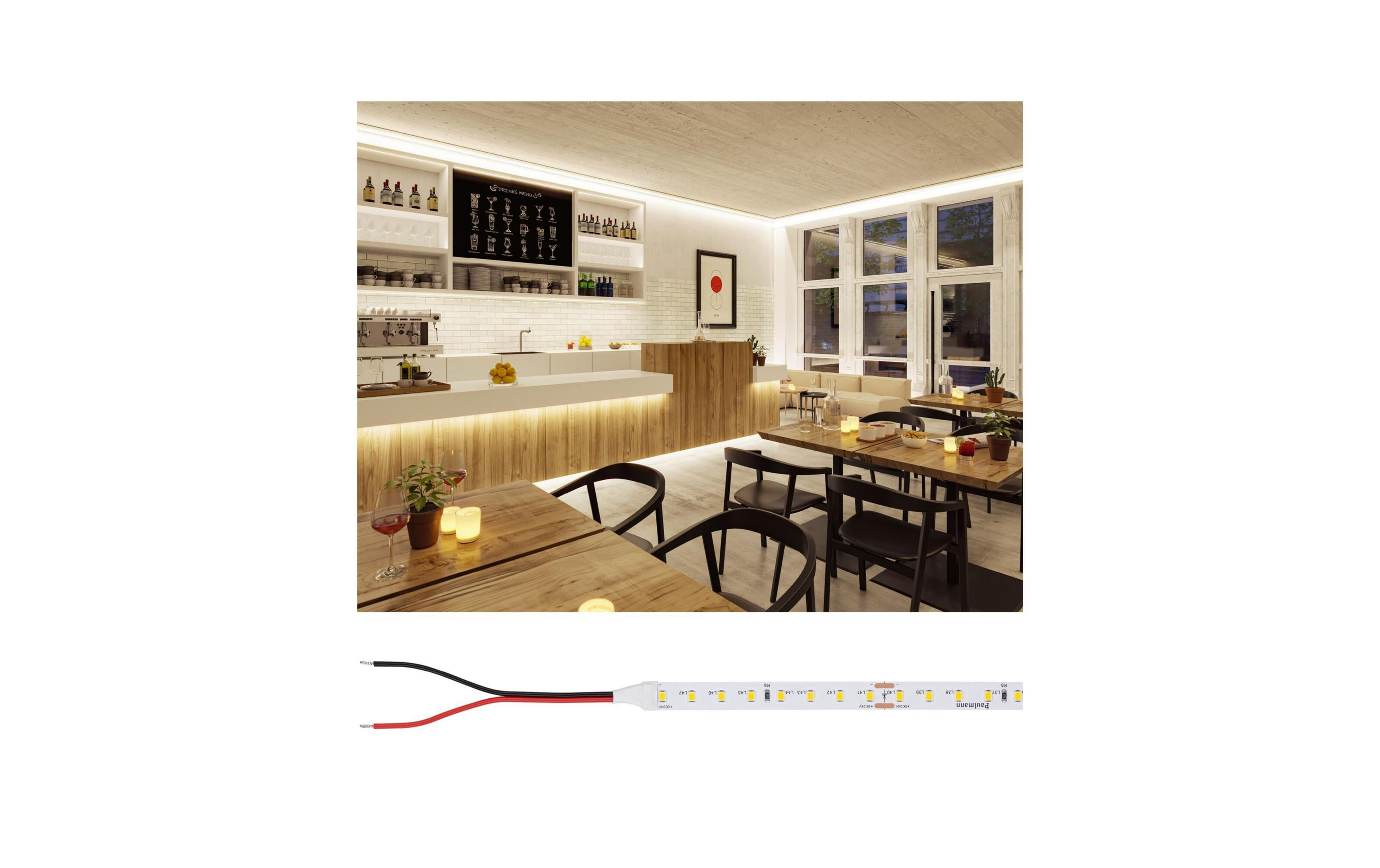 Nowoczesna kawiarnia z drewnianymi stołami, krzesłami, barem i dużym oknem.