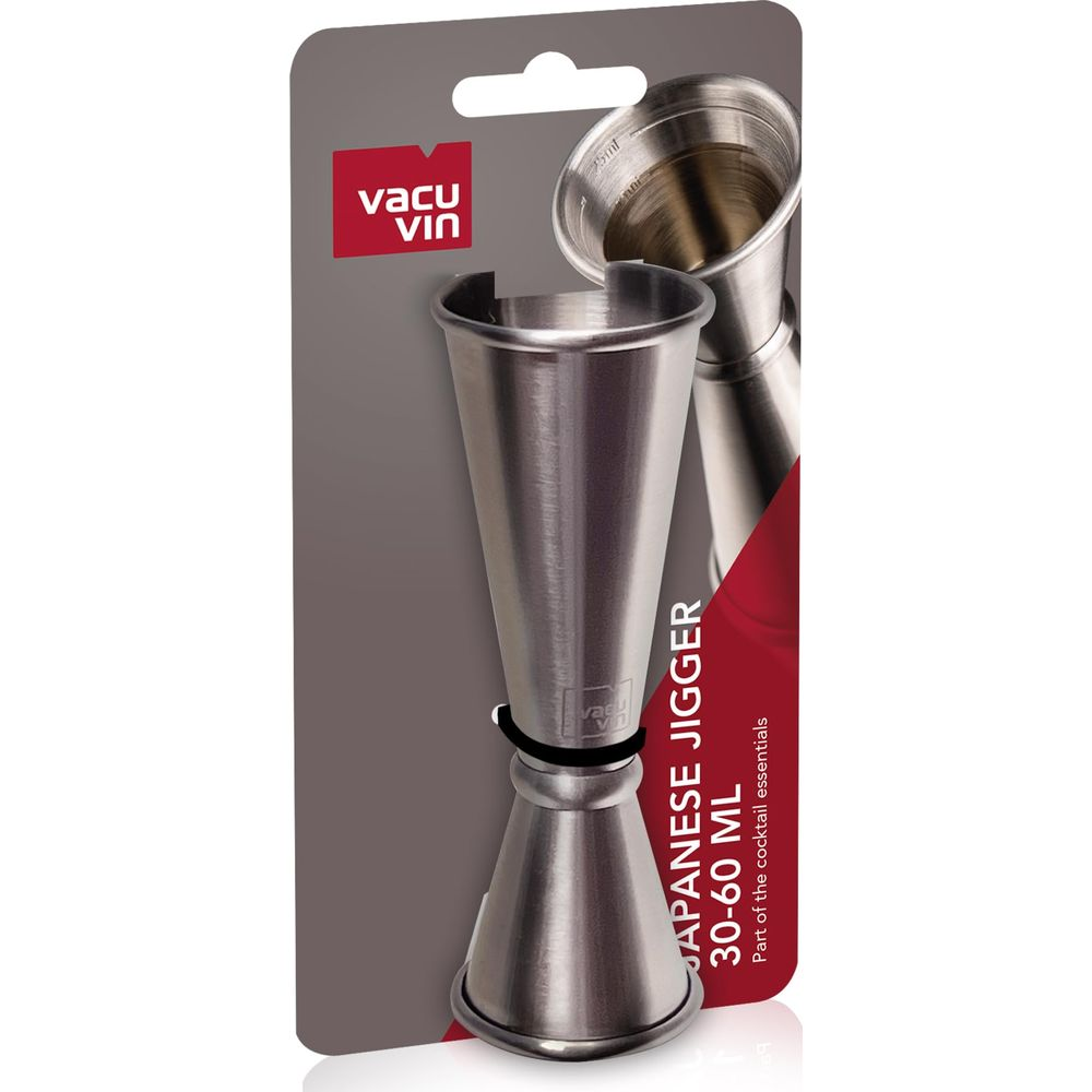 30-60 ml işaretli gümüş kokteyl jiggeri. Üstte Vacu Vin logosu.