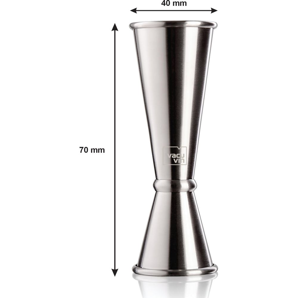 Gümüş renkli jigger, 70 mm yükseklik, 40 mm üst genişlik.