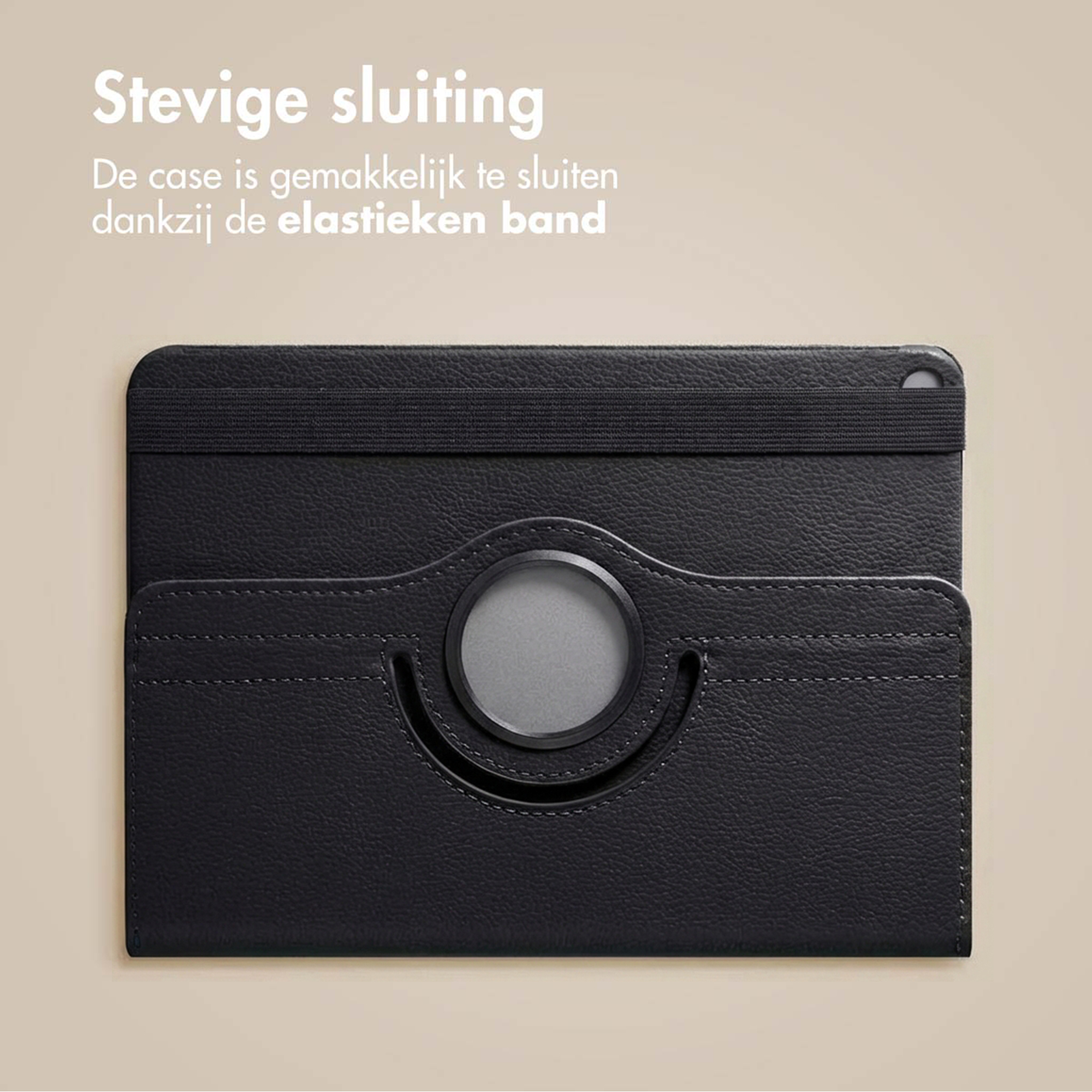 Black tablet case with elastic strap and round cutout in the center.
