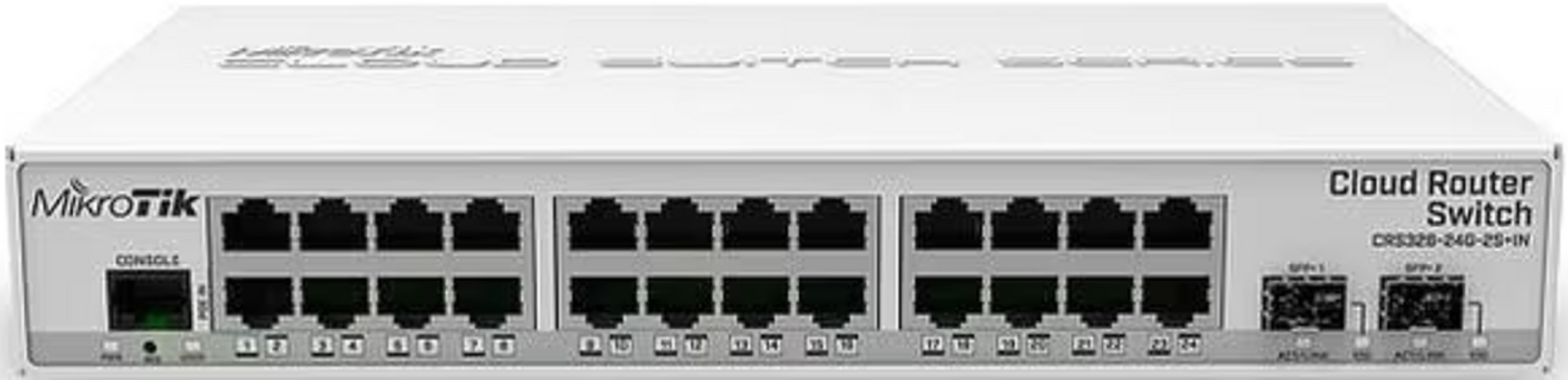 Biały Mikrotik Cloud Router Switch z 24 portami Ethernet i 2 portami SFP.