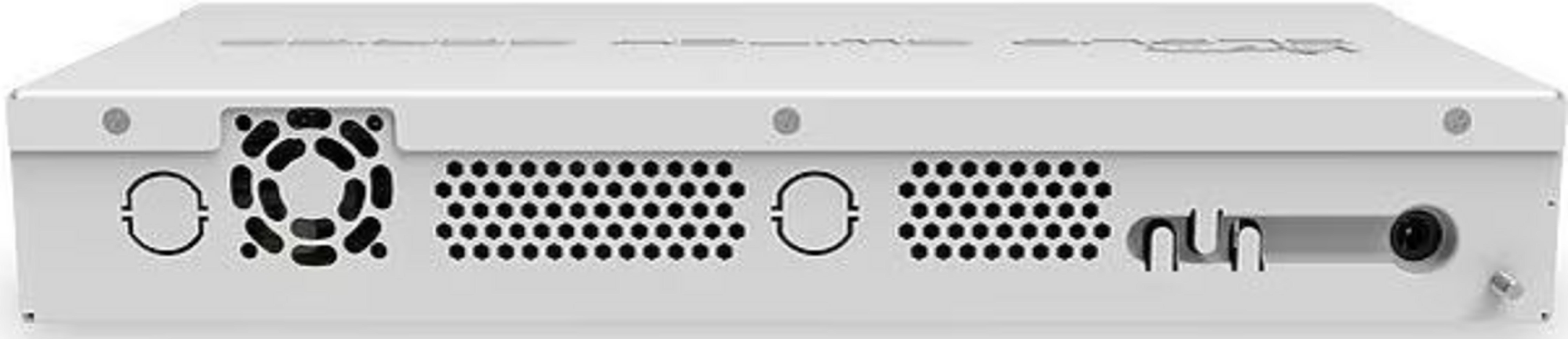 Tył białego urządzenia z wentylatorem, kratkami i portami.