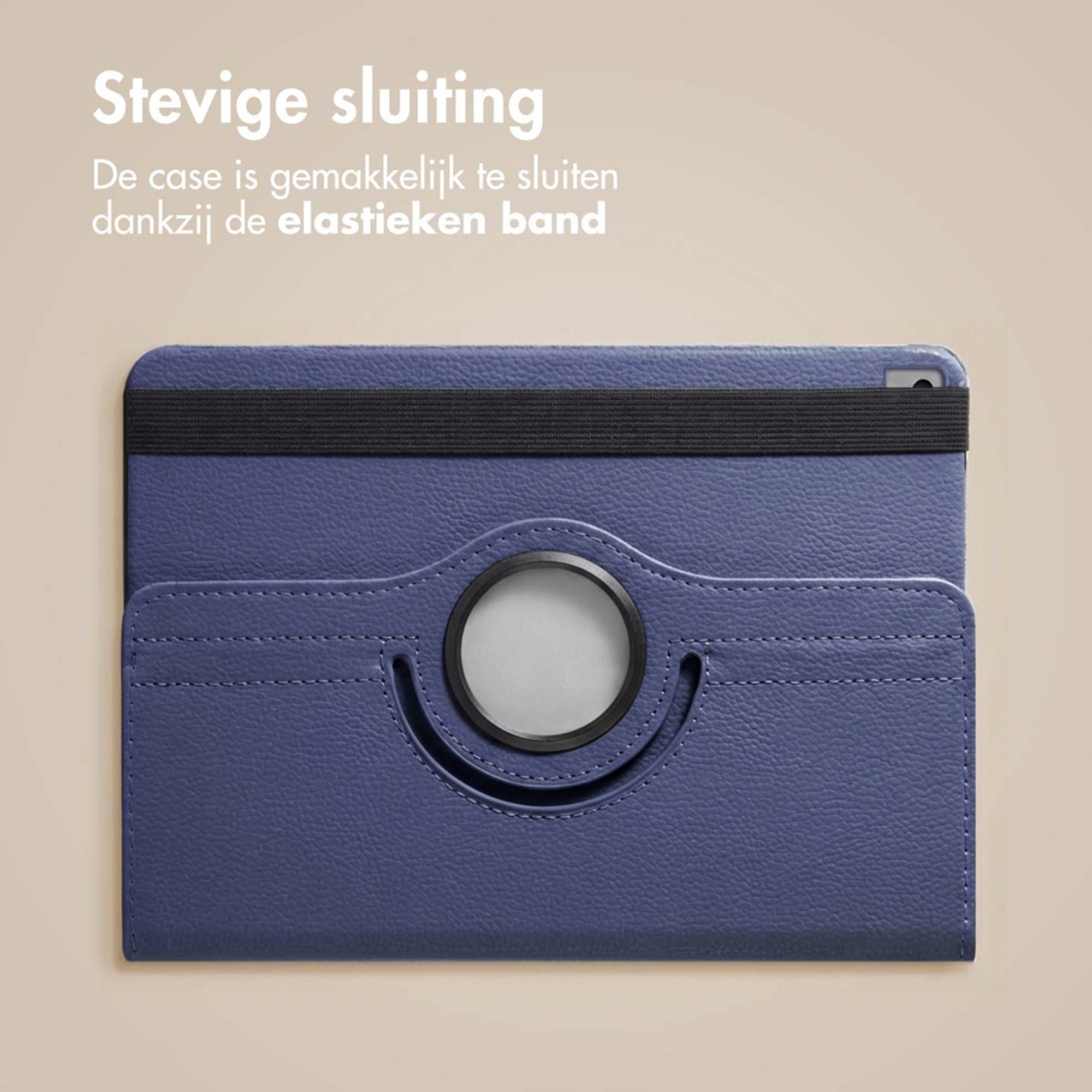 Dark blue tablet case with a black elastic band and a circular cutout.