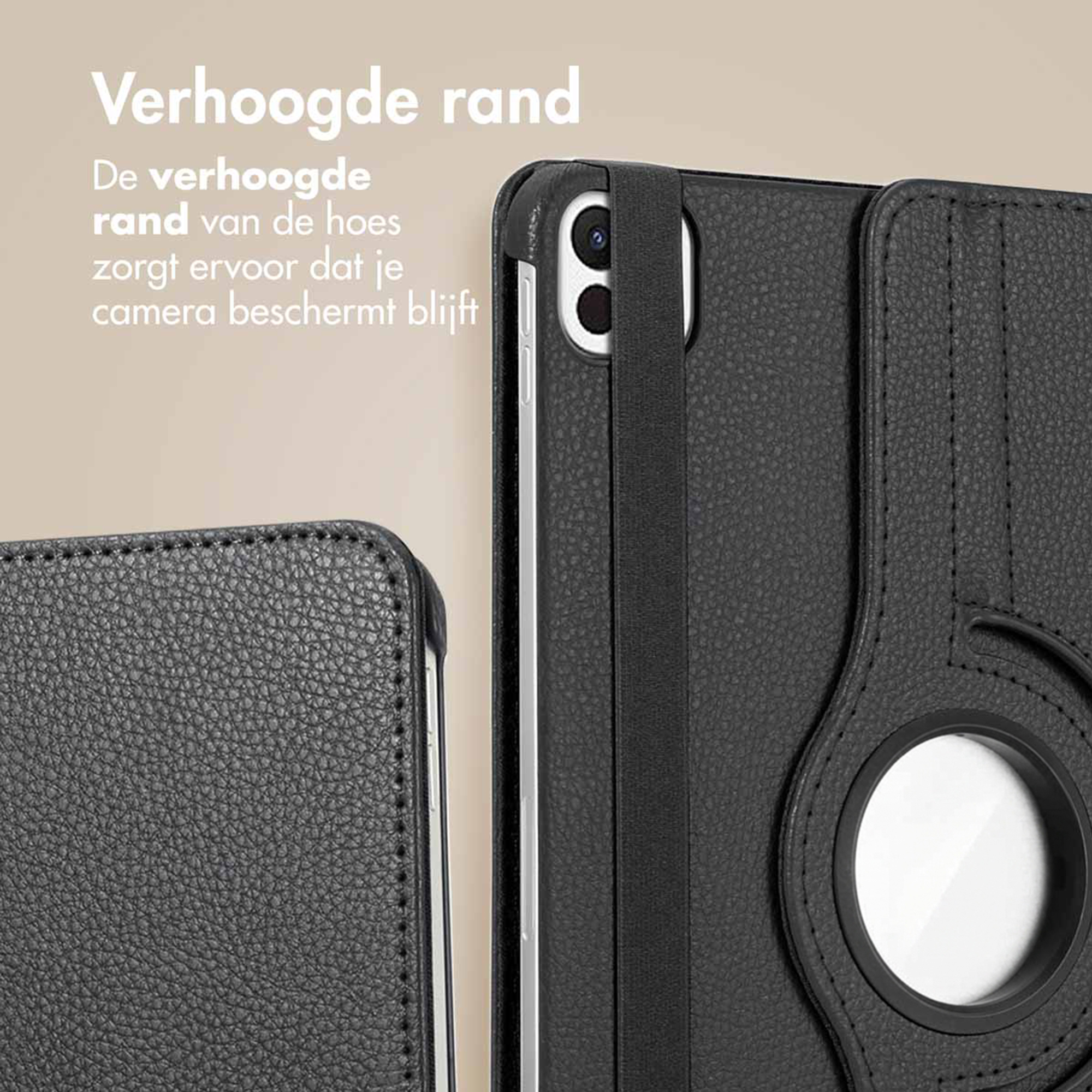 Black leather case with raised edge protects camera.