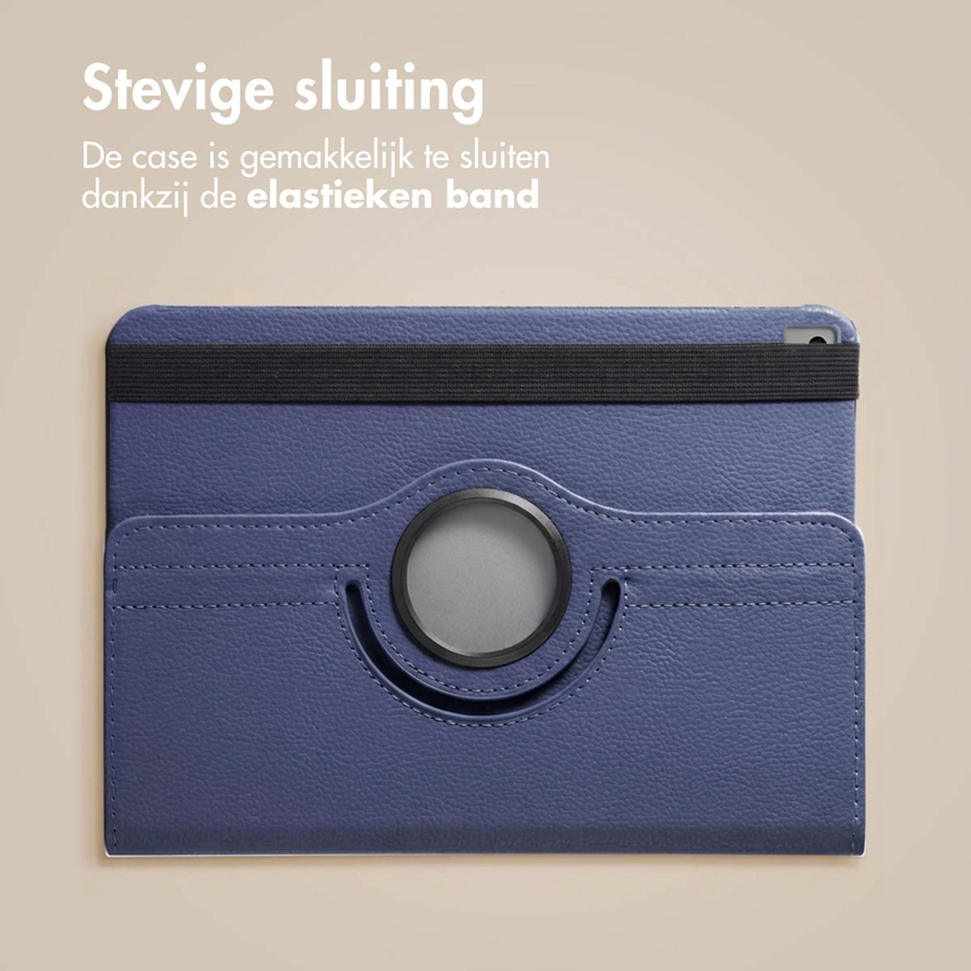 Dark blue case with elastic strap and swivel knob. White text.
