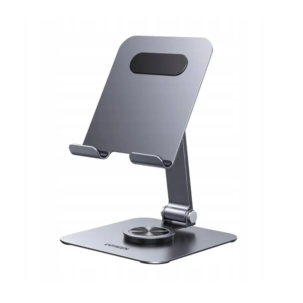 Szary, regulowany stojak na tablet i smartfon z obrotową podstawą.