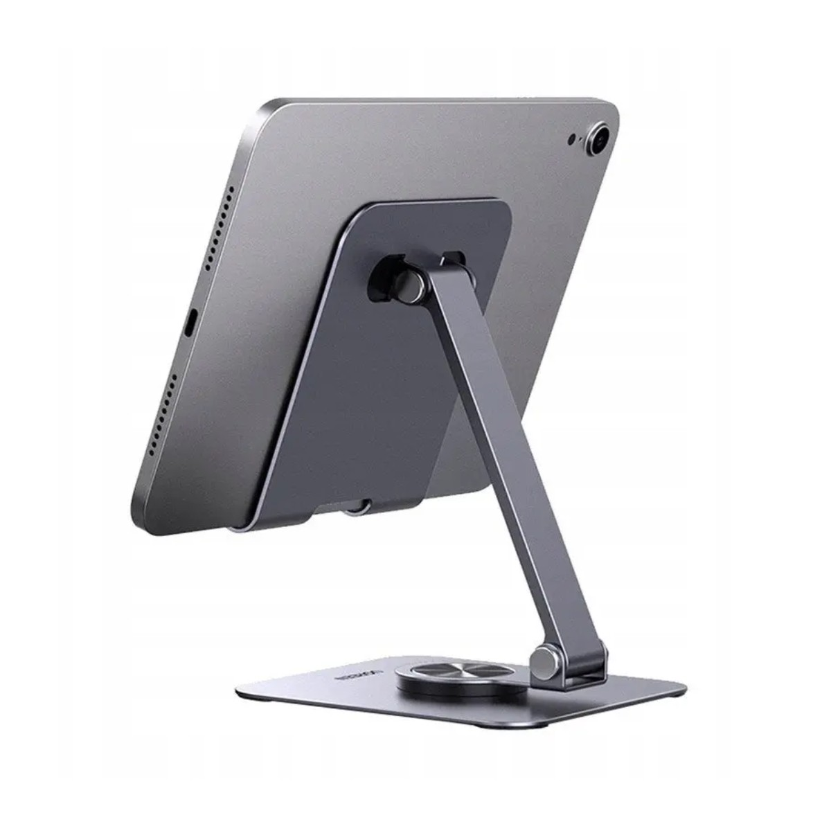 Szary tablet na regulowanym stojaku z kwadratową podstawą.