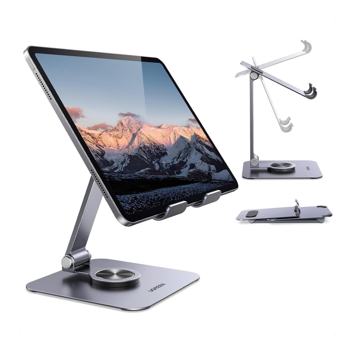 Srebrny stojak na tablet z tabletem pokazującym góry. Obok otwarty i zamknięty stojak.