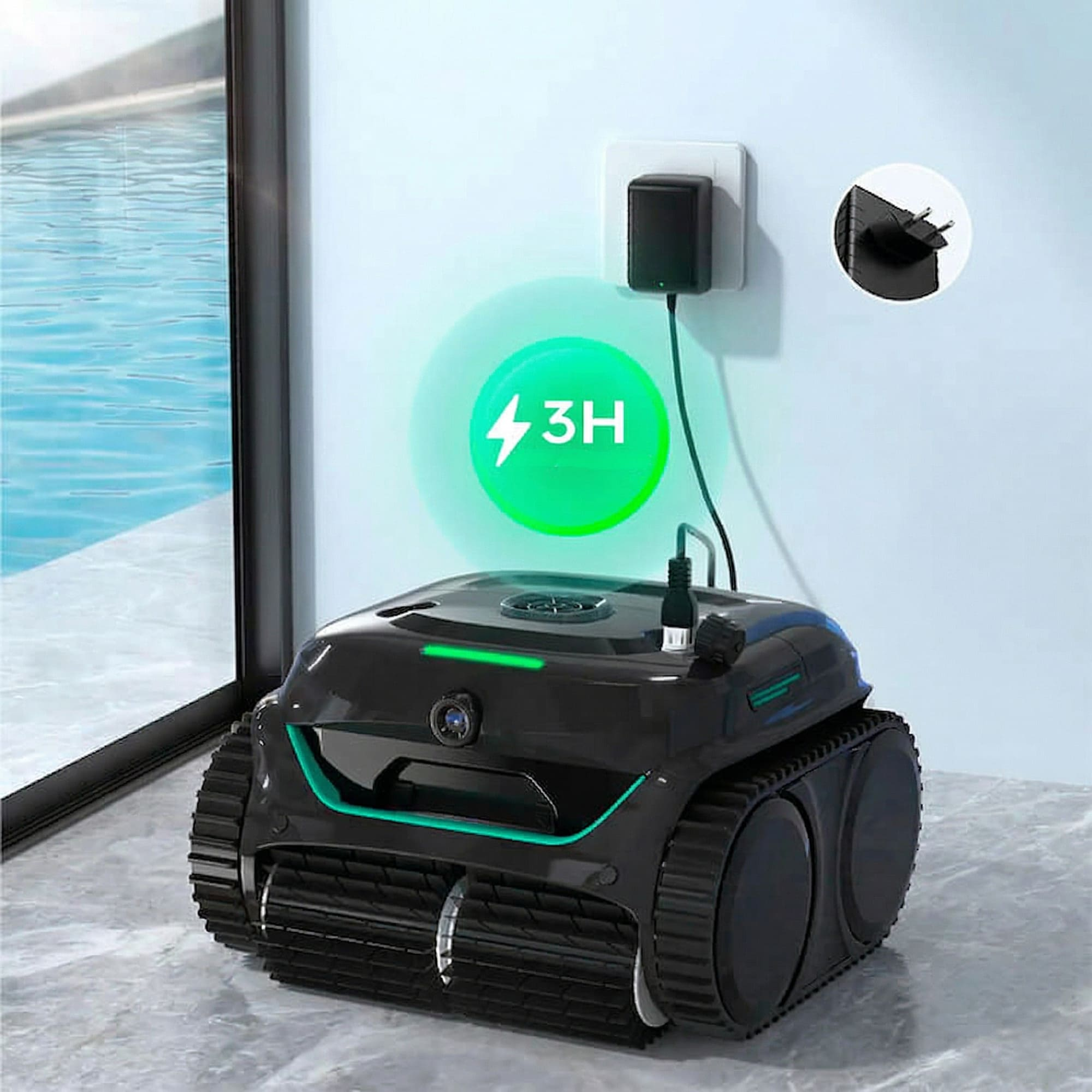 Un robot pulitore per piscine nero in carica, con indicatore di carica 3H.
