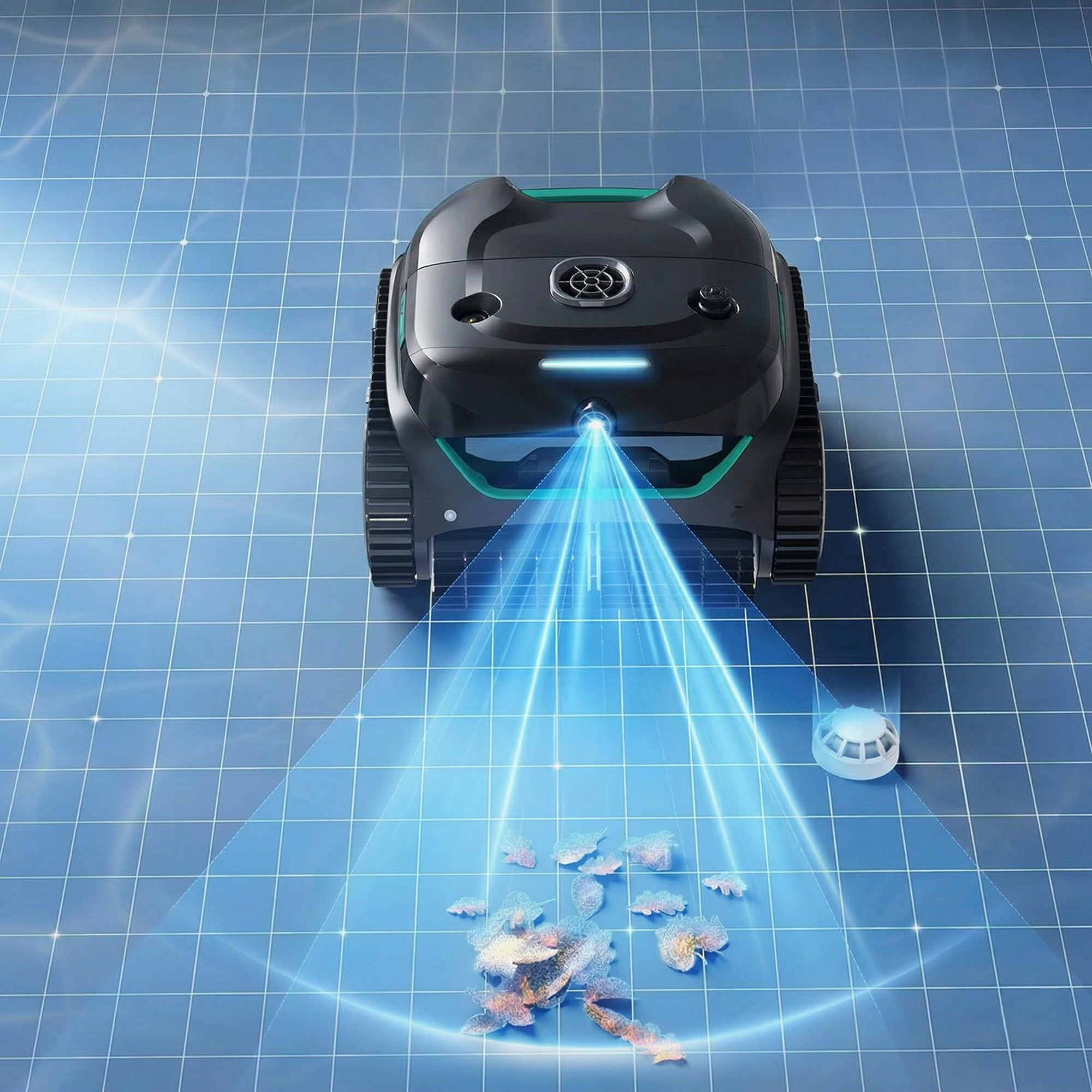 Un robot aspirapolvere nero raccoglie foglie su un pavimento blu a griglia.