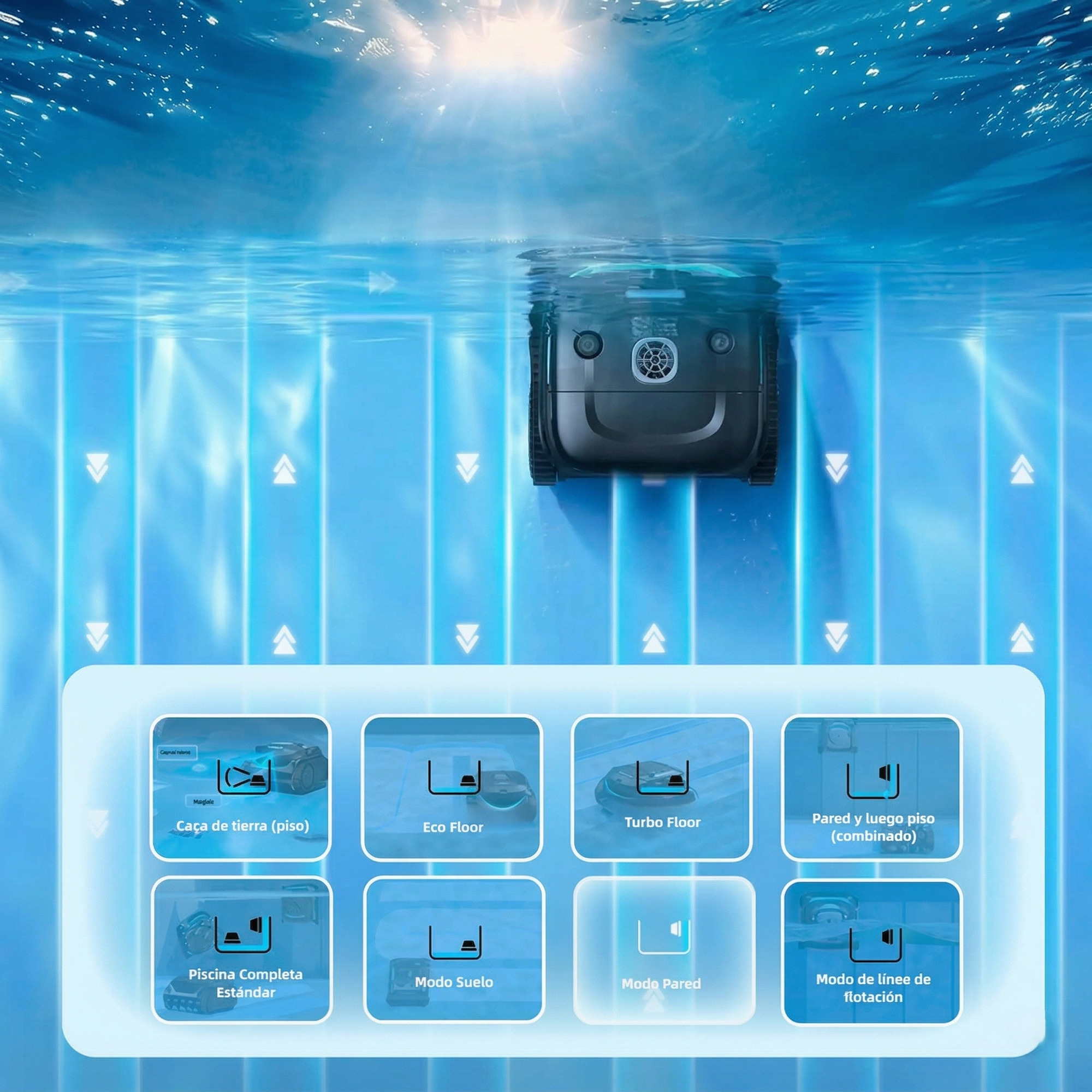 Vista subacquea di un robot pulitore per piscine con varie modalità di pulizia.