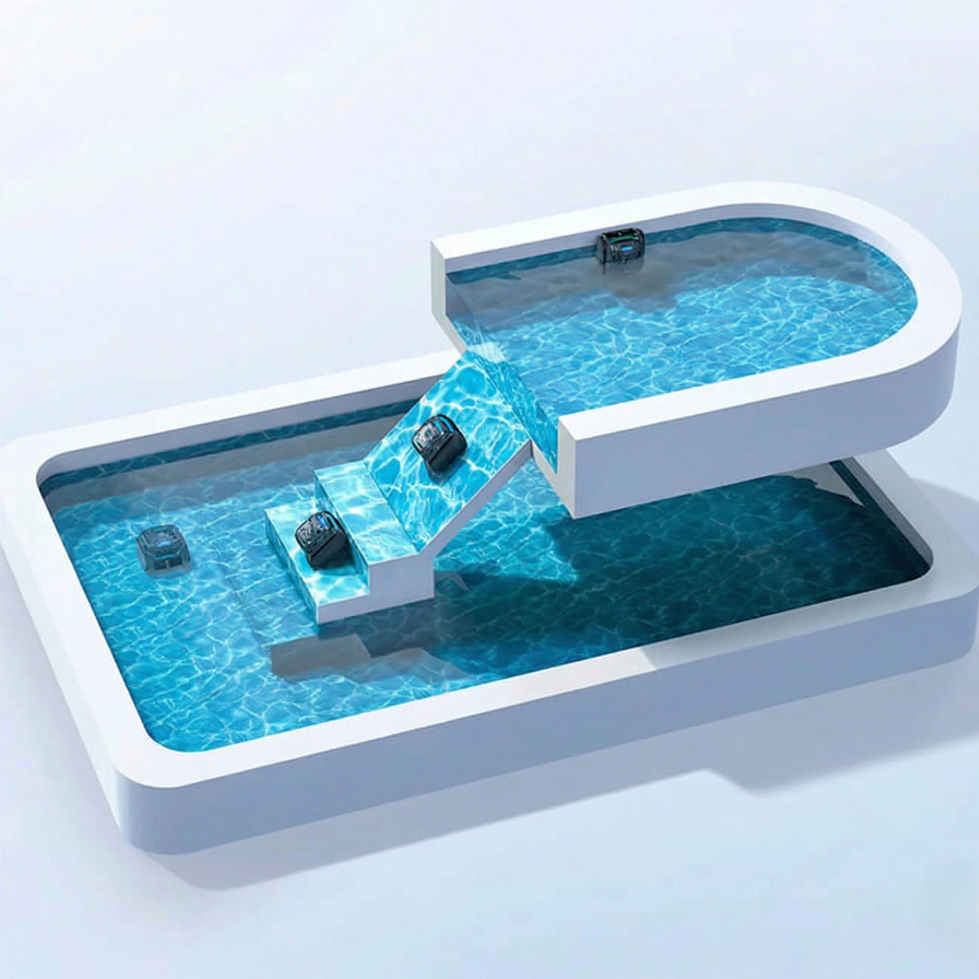 Quattro dispositivi neri con accenti verdi galleggiano in una piscina multilivello.
