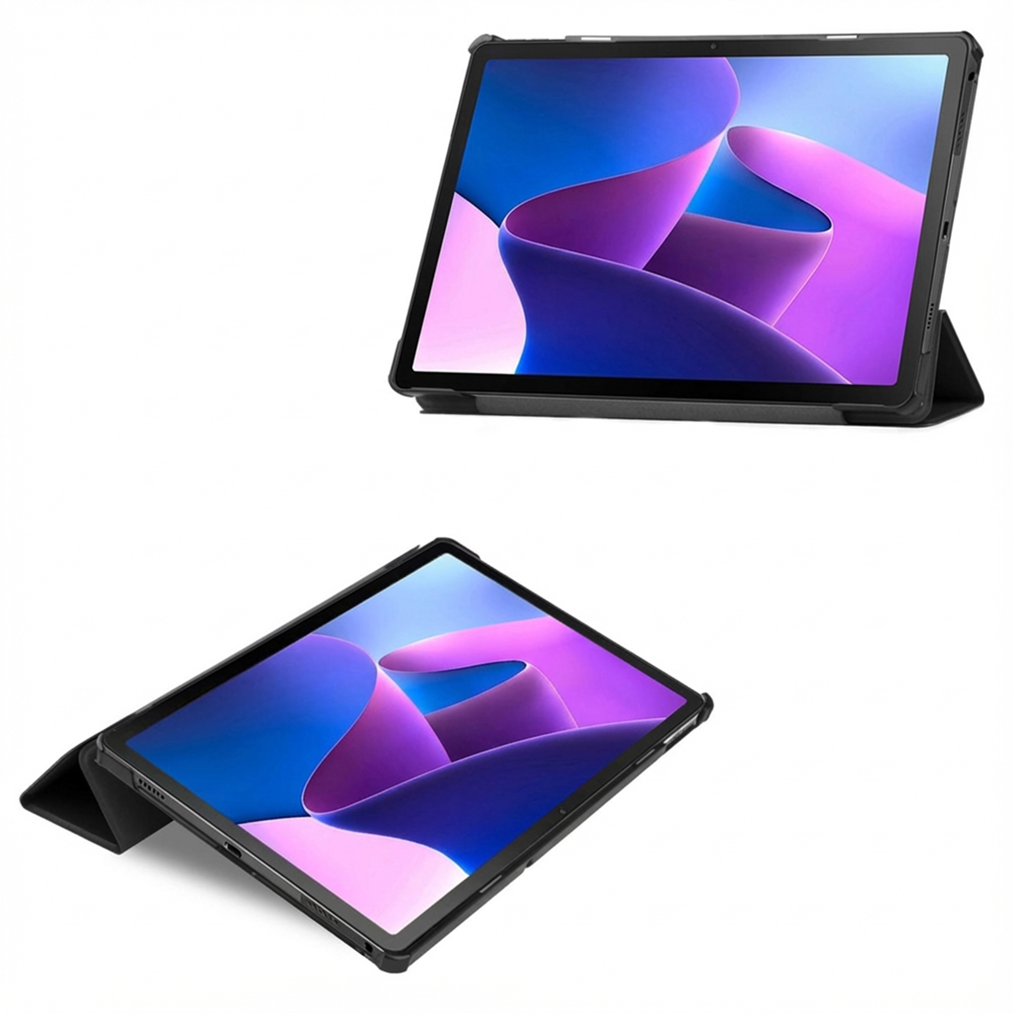 A black tablet in a case, displayed on a white background.