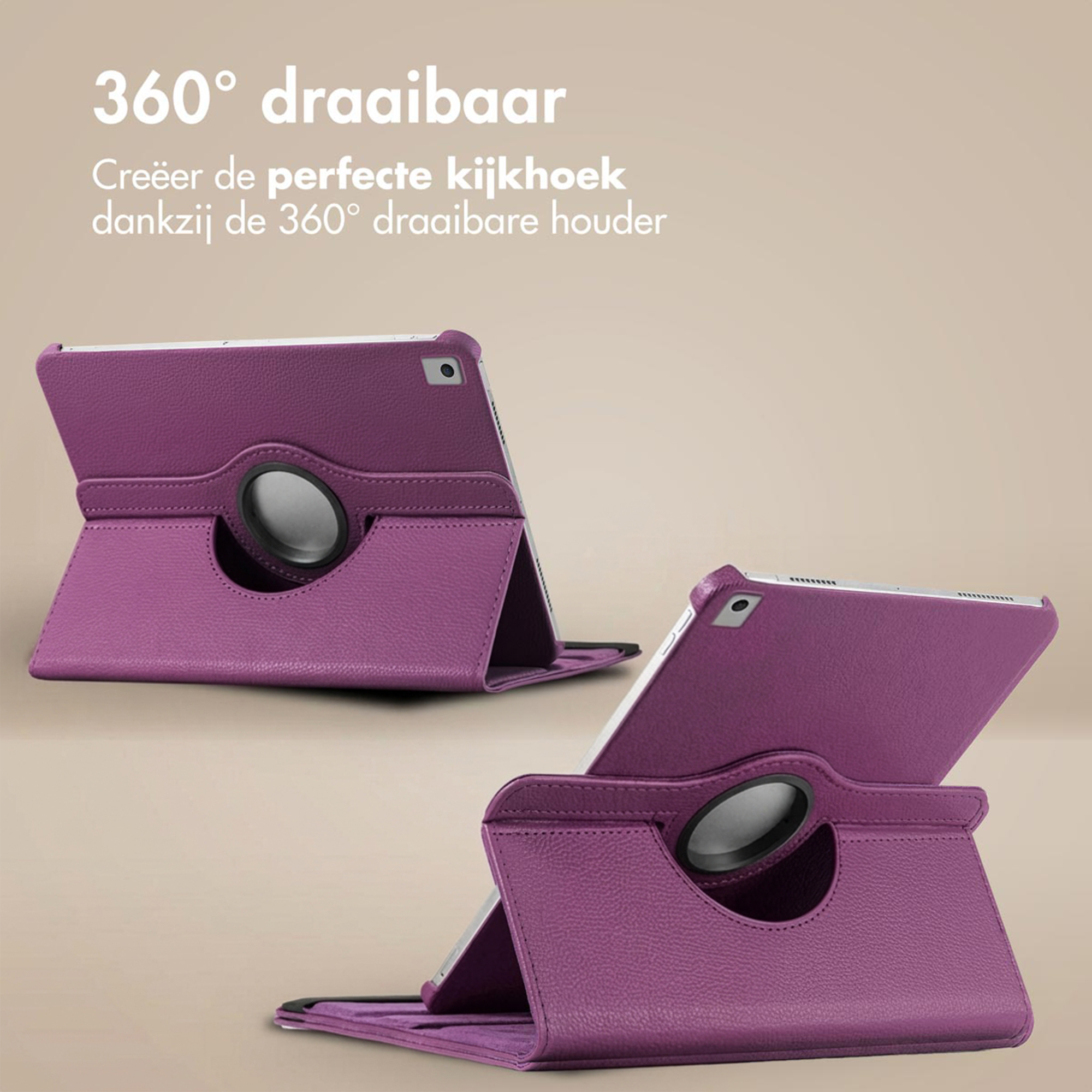 Purple tablet case with 360° rotating feature on a light background.