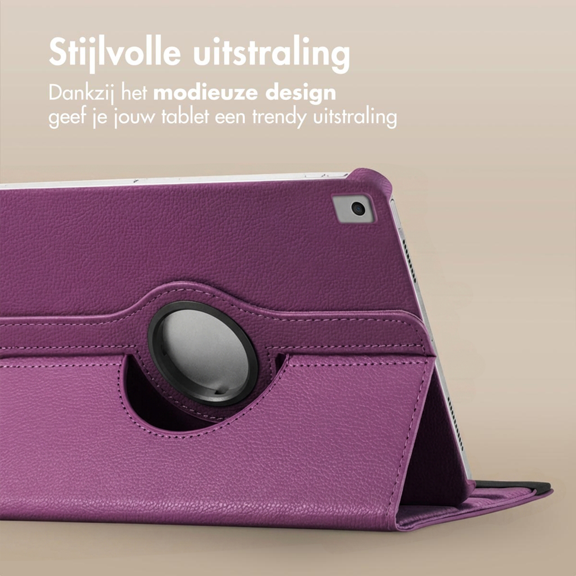 Purple tablet case with swivel feature and camera cutout.