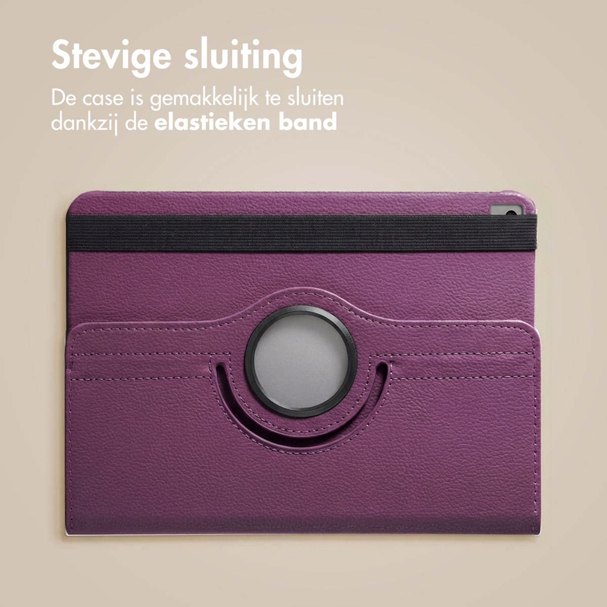 Purple tablet case with black elastic band and swivel circle in background.