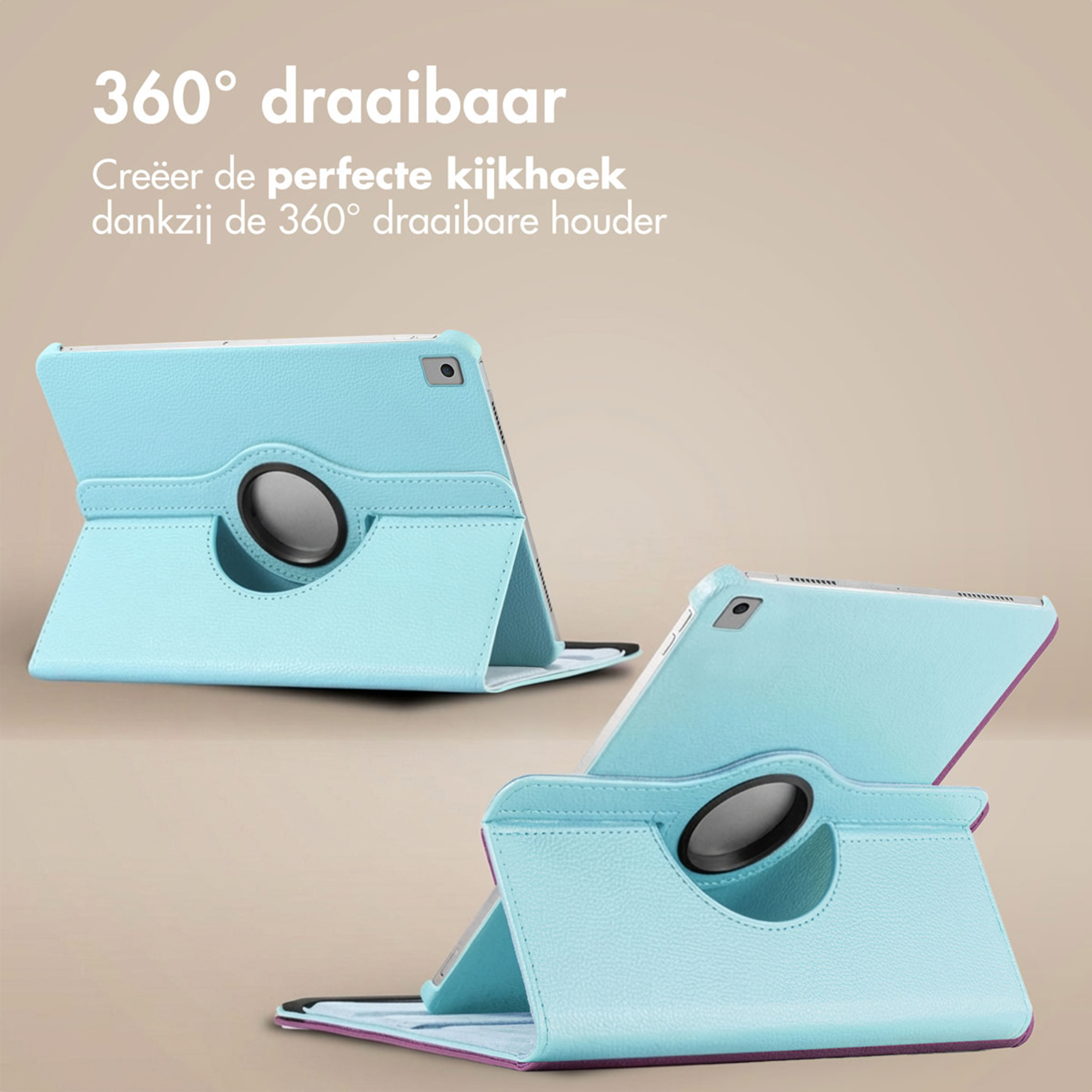 Light blue tablet case with 360-degree rotation and stand. Close-up view.