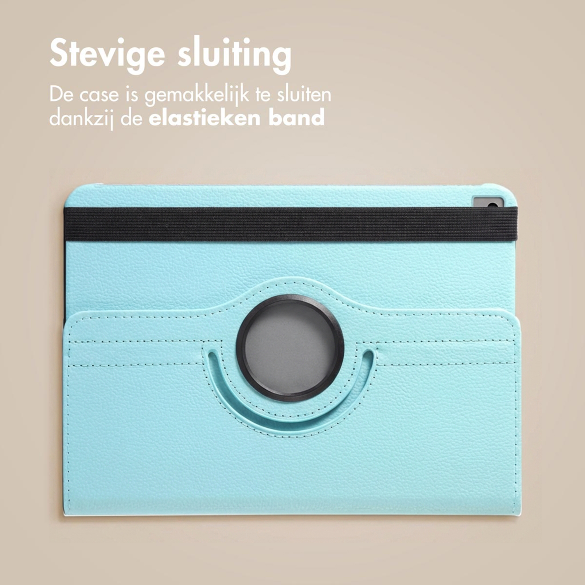 Light blue tablet case with black elastic band and rotating circle.