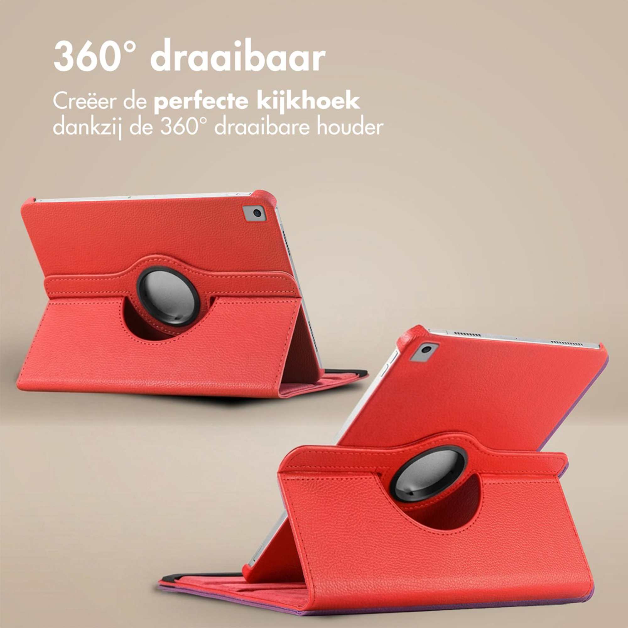Red tablet case with 360-degree rotating function, on a light brown background.