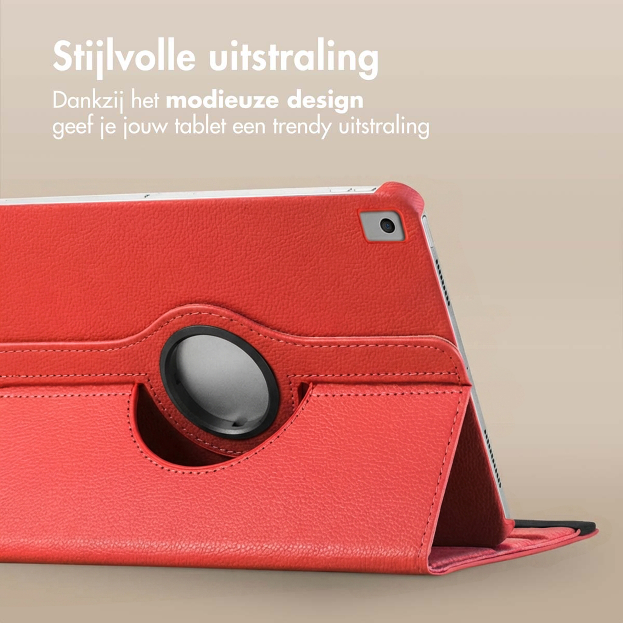 Red tablet case with swivel function and camera cutout. Close-up view.