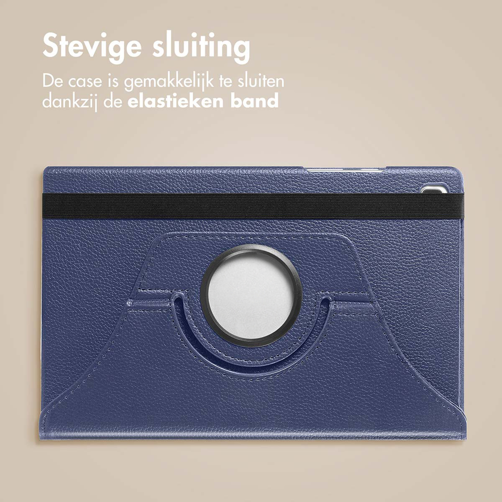 Dark blue tablet case with black elastic band and rotating ring.