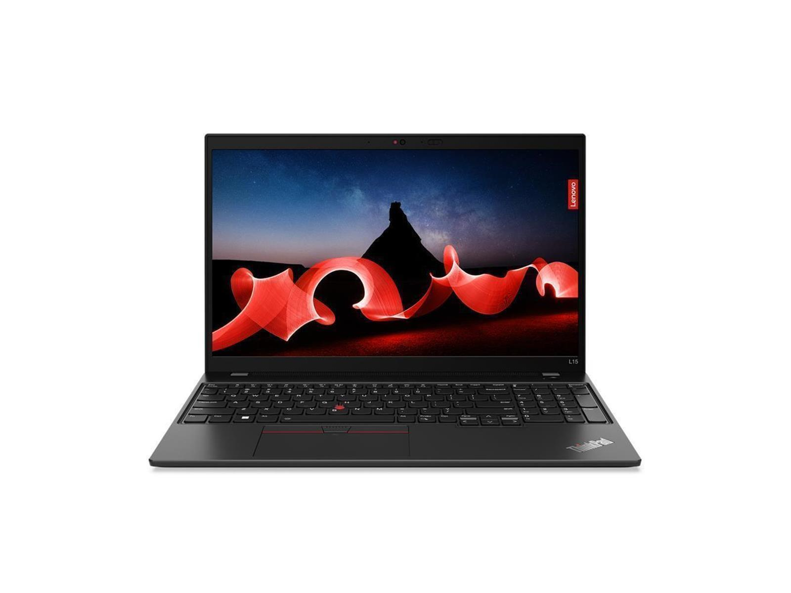 Schwarzer Lenovo Laptop mit rotem Bandmotiv auf dem Bildschirm.