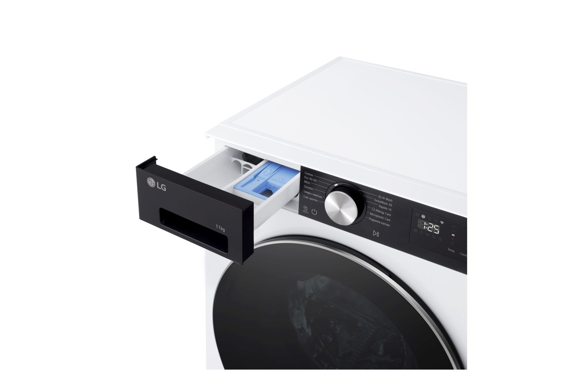 Una lavatrice LG bianca con cassetto detersivo estratto e display.
