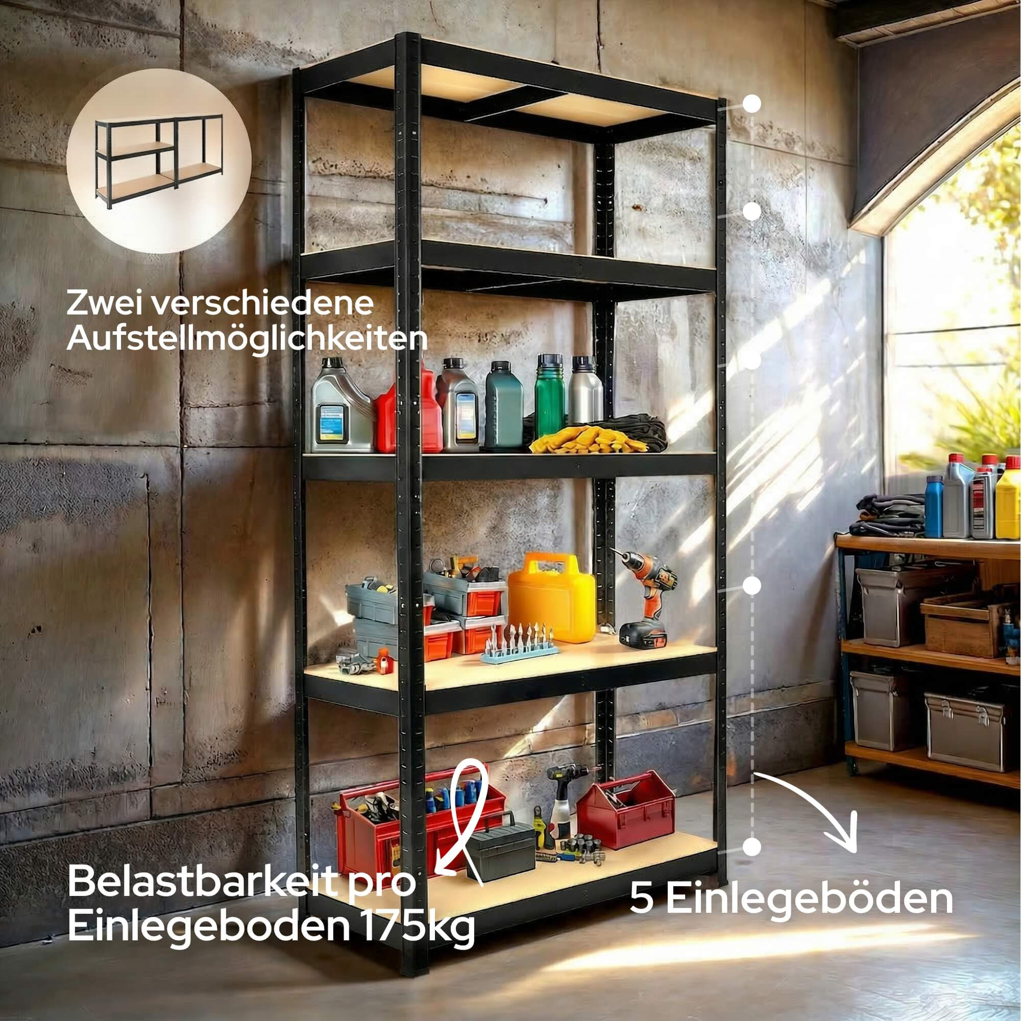 Ein schwarzes Regal mit fünf Holzböden, gefüllt mit Werkzeugen und Flüssigkeiten.