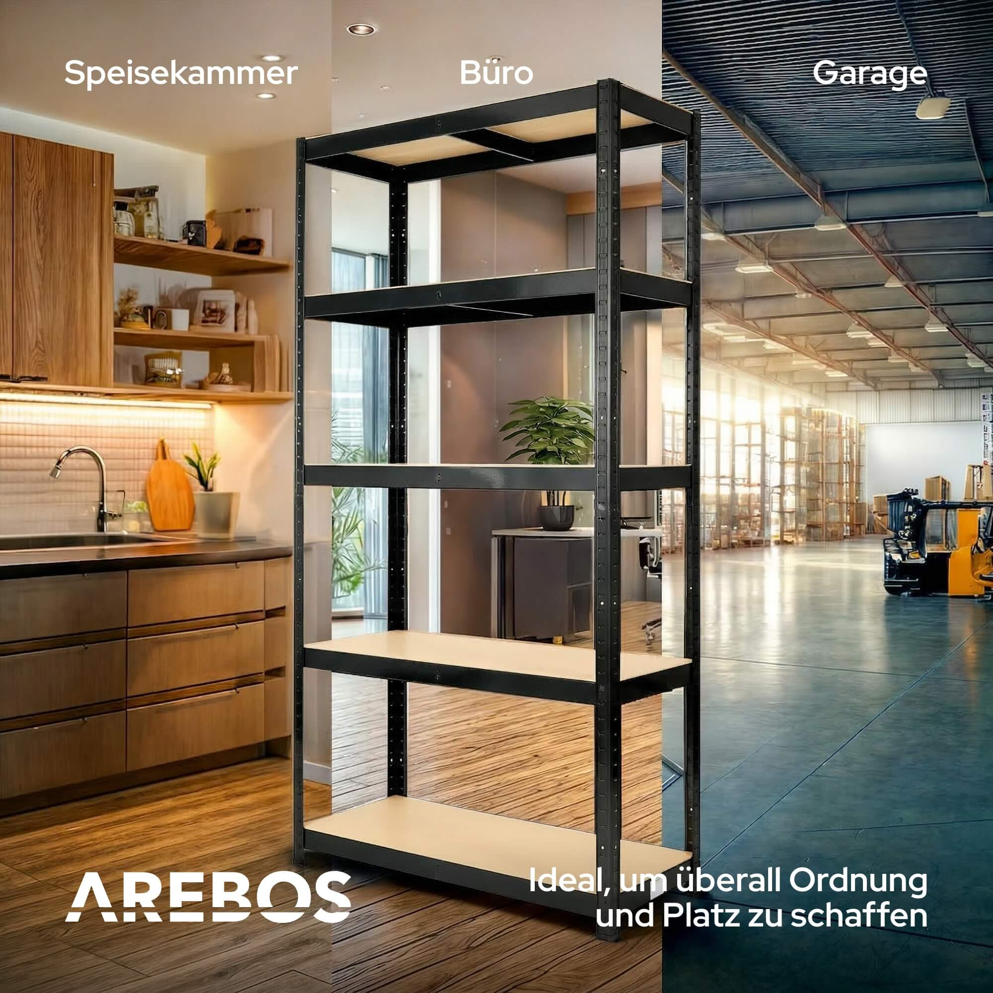 Ein Regal in drei Umgebungen: Speisekammer, Büro und Garage.