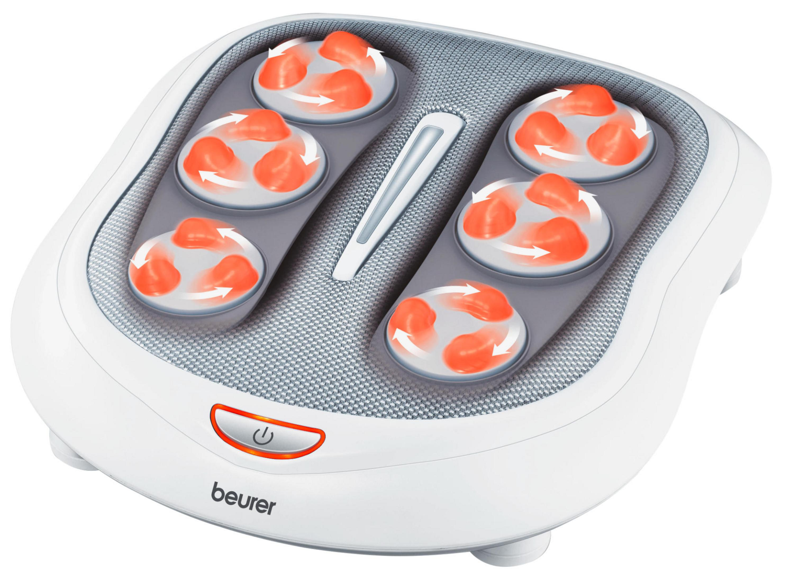 Ein weißer Fußmassagegerät mit sechs rotierenden orangen Massageköpfen und Pfeilen.
