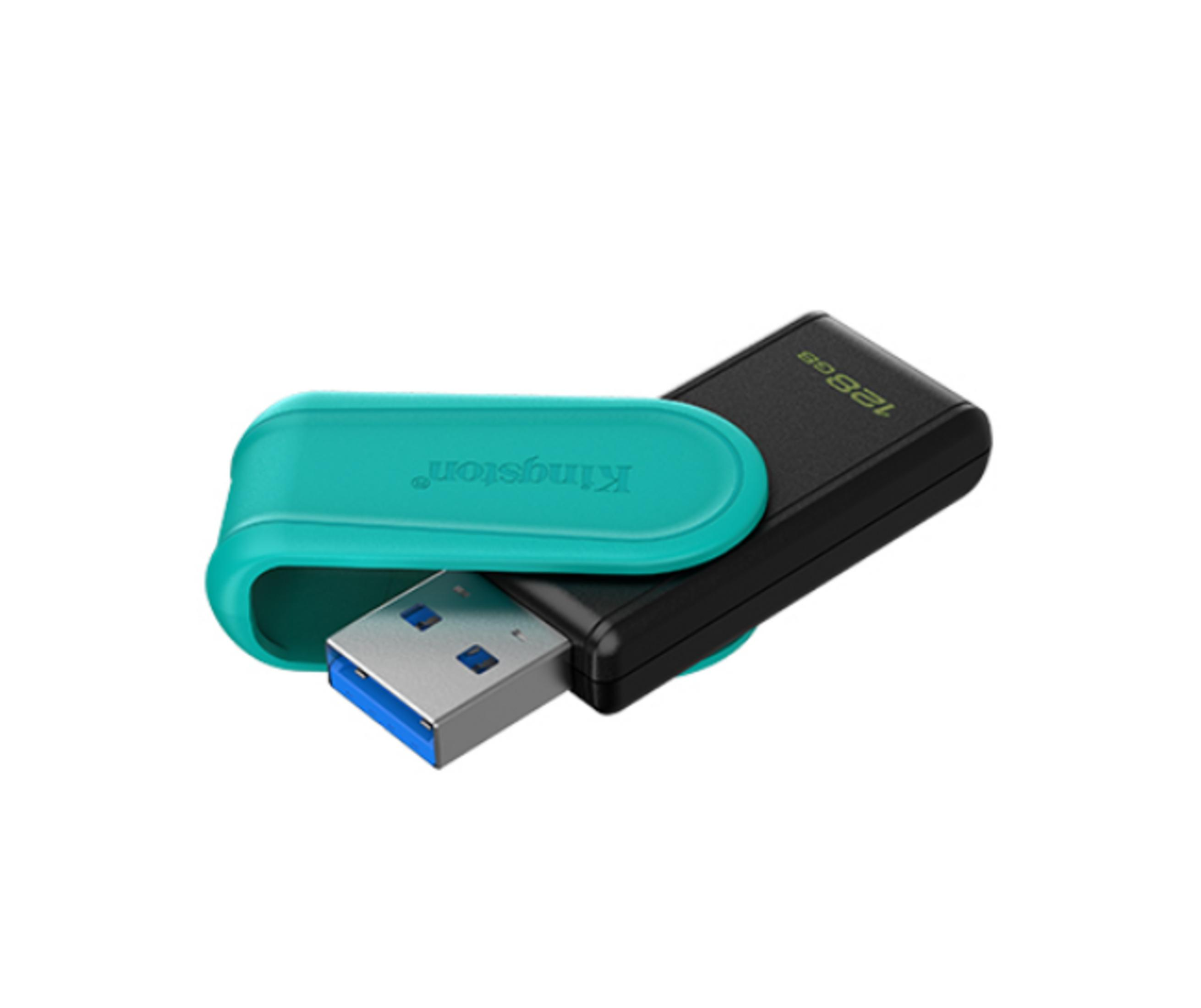 Een zwarte Kingston 128GB USB-stick met een turkooizen beschermkap.
