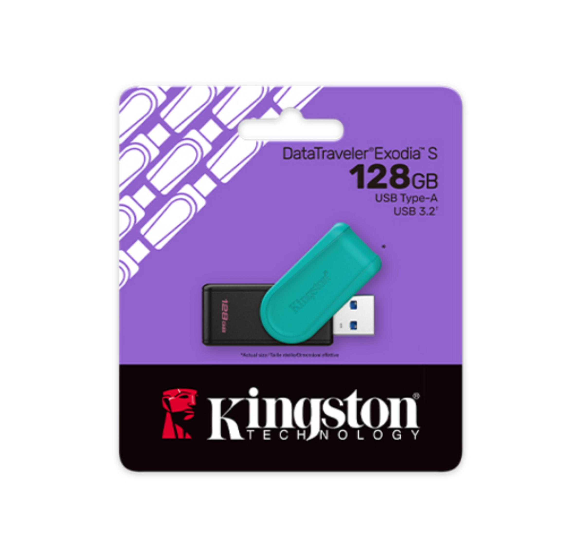 Verpakking met turquoise USB-stick, 128 GB, Kingston DataTraveler Exodia S.