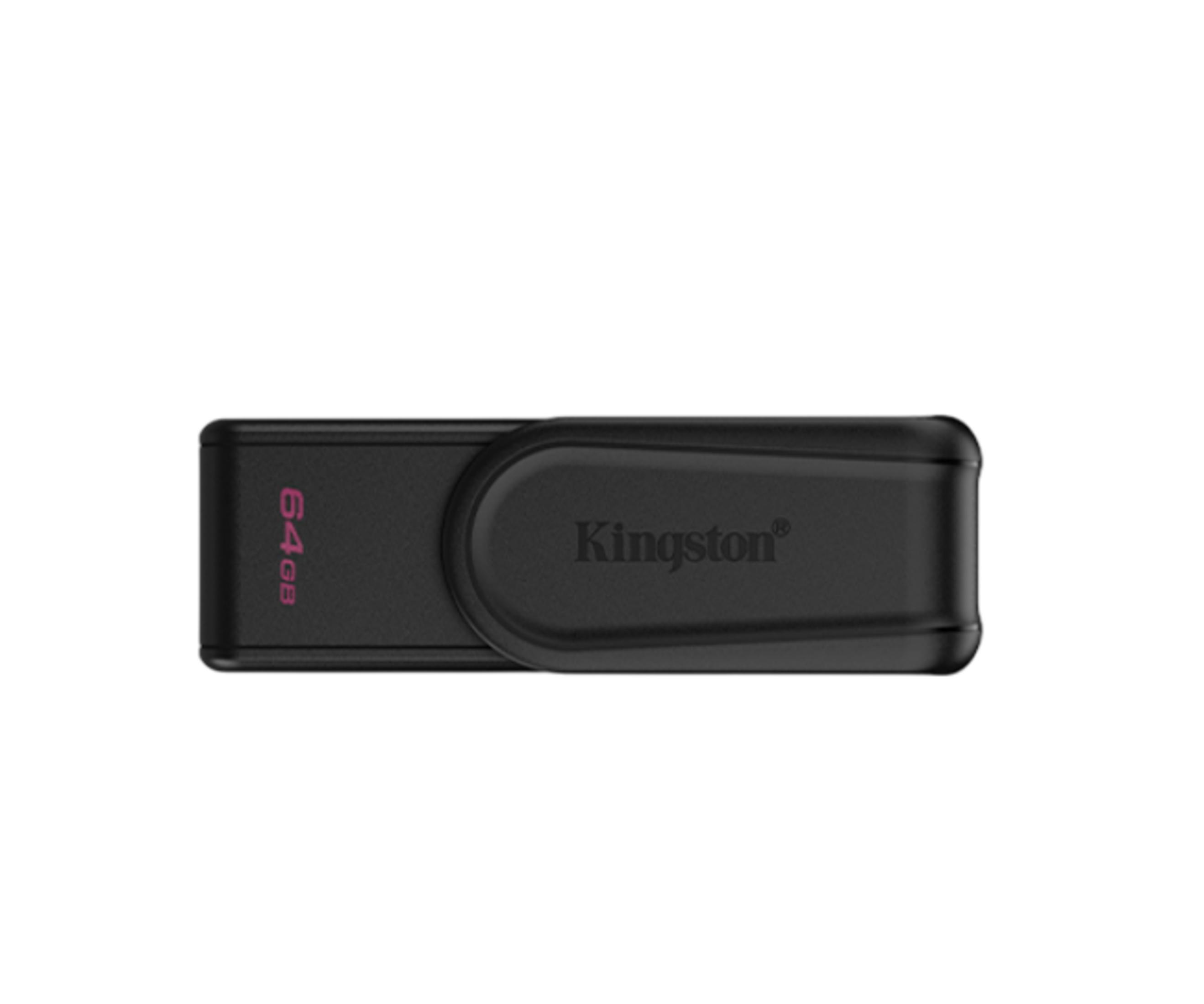 Zwarte Kingston 64GB USB-stick met merknaam.